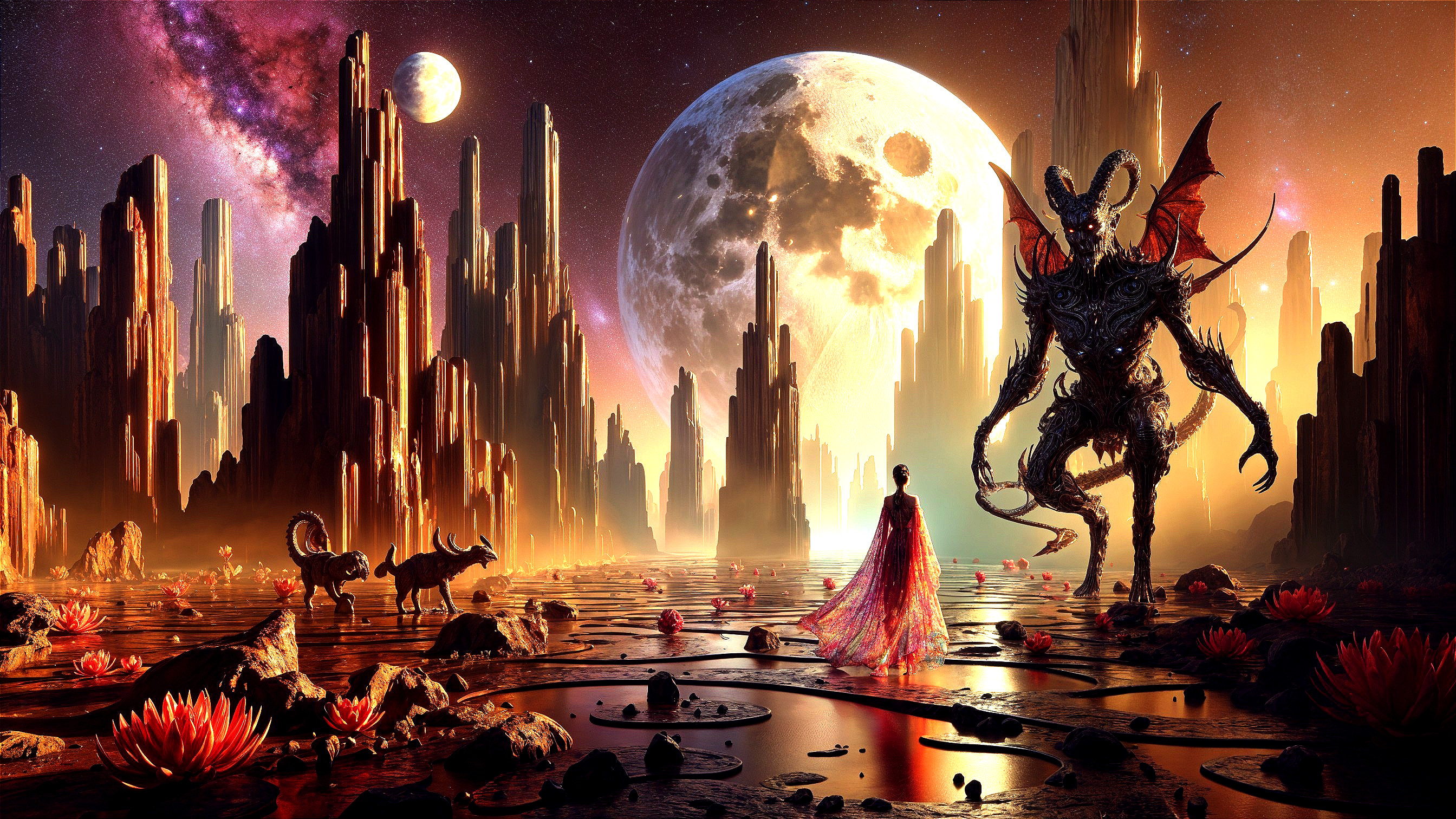 Surreal Landscape with Demon, Cloaked Figure, and Planets