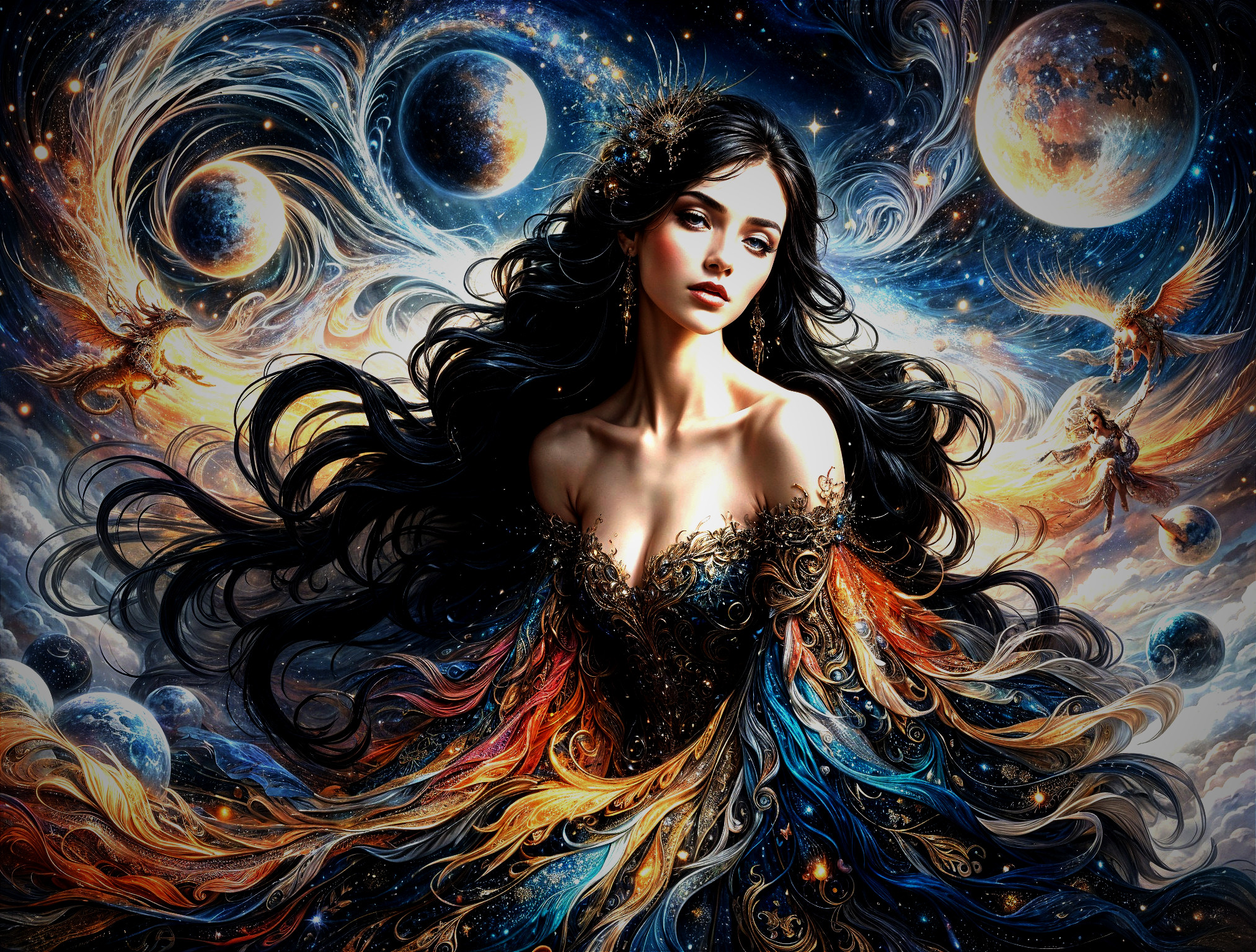 Mystical figure in cosmic gown with celestial elements