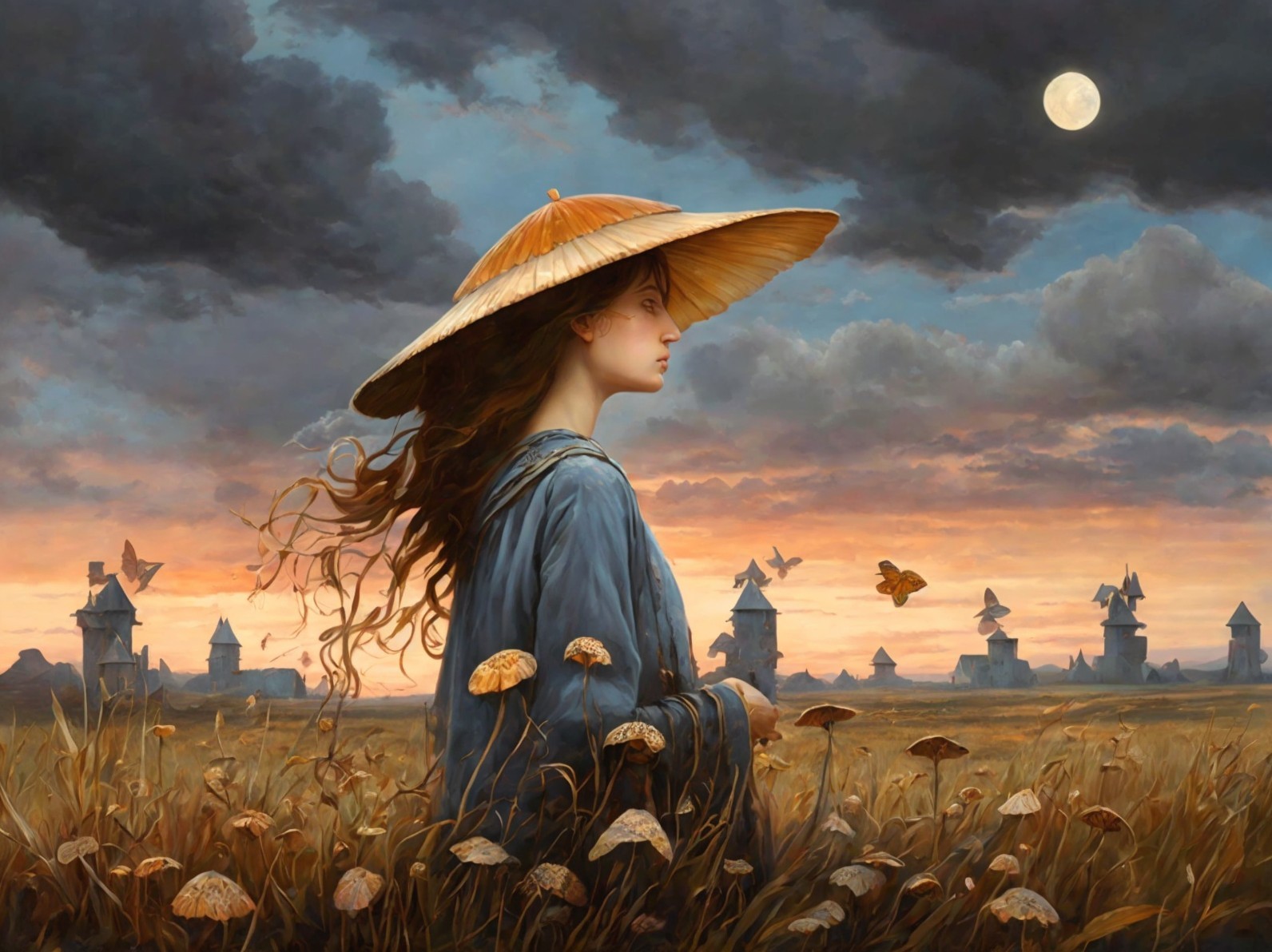 Woman in wide-brimmed hat stands in field at dusk with windmills and butterflies.