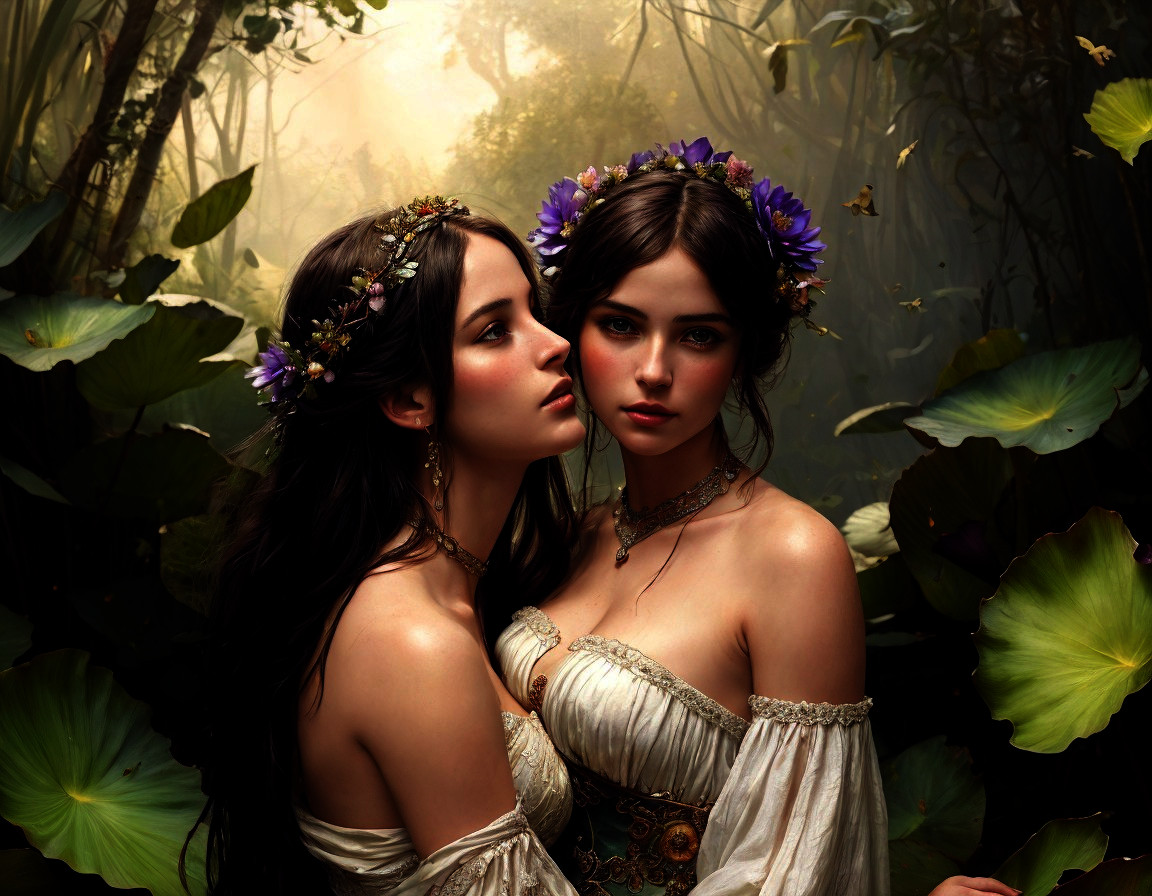 Enchanted Figures in a Lush, Mystical Setting