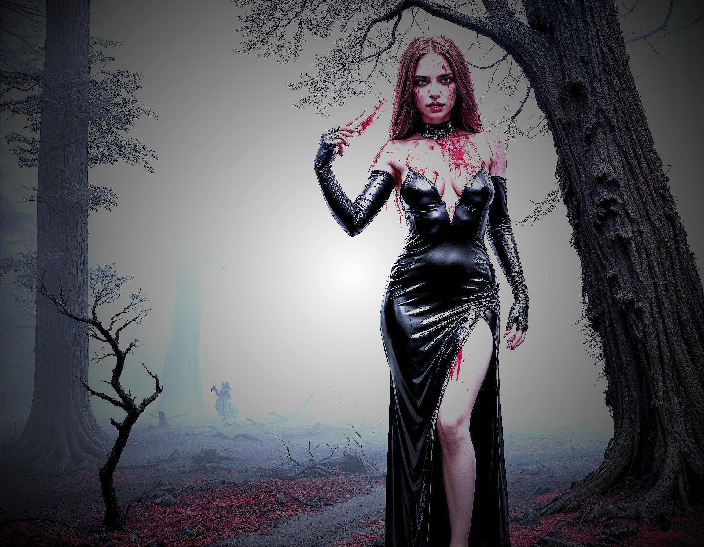 Mysterious Figure in Foggy Forest with Dark Attire