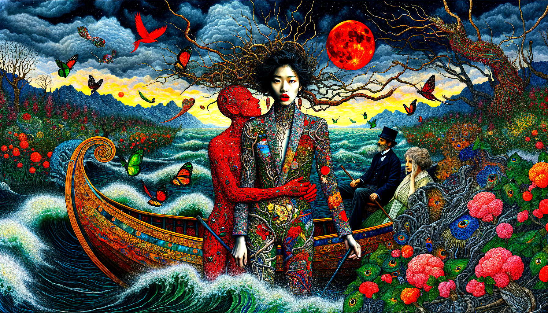 Surreal Scene with Fantastical Boat and Vibrant Elements