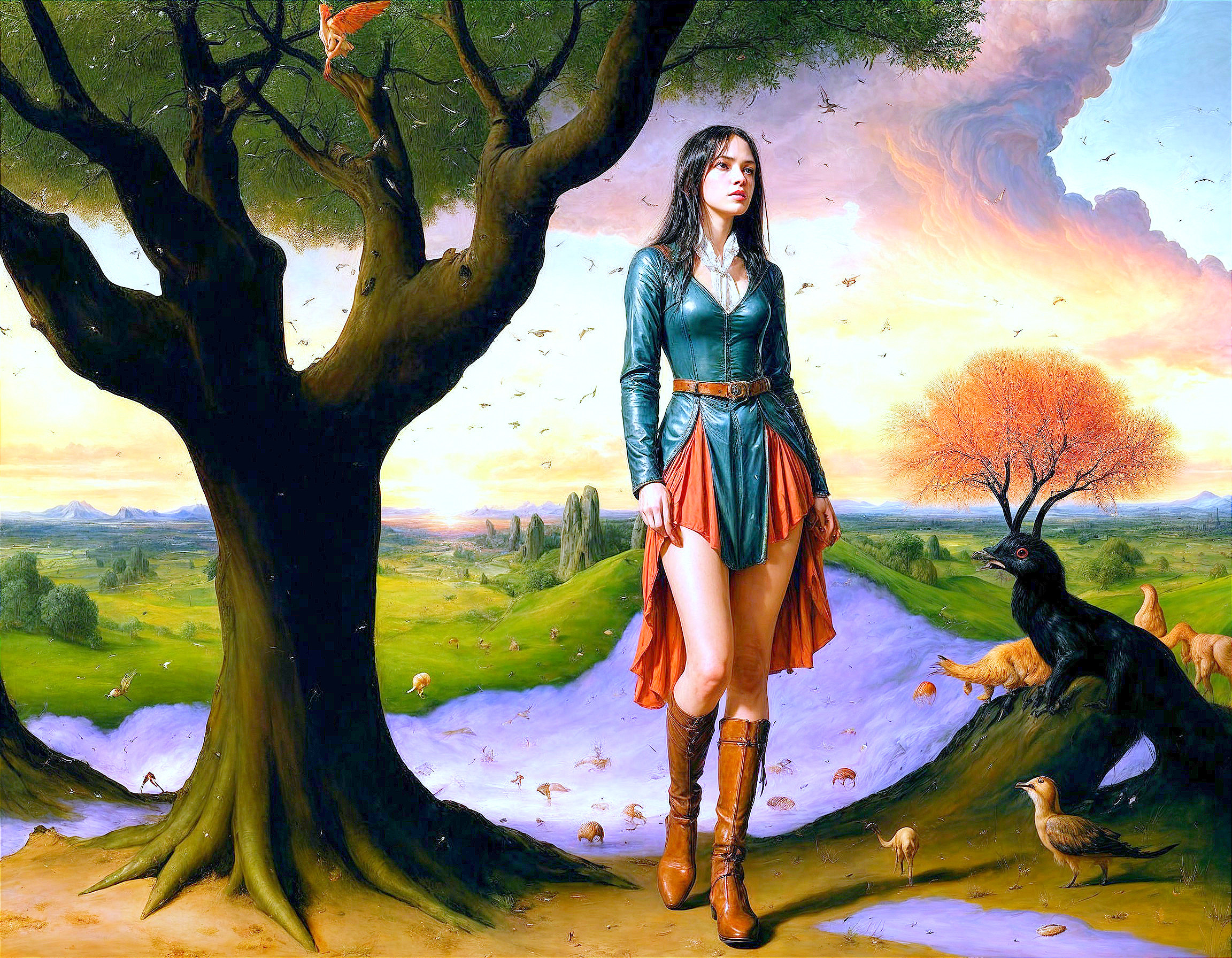 Mystical Landscape with Woman in Vibrant Dress