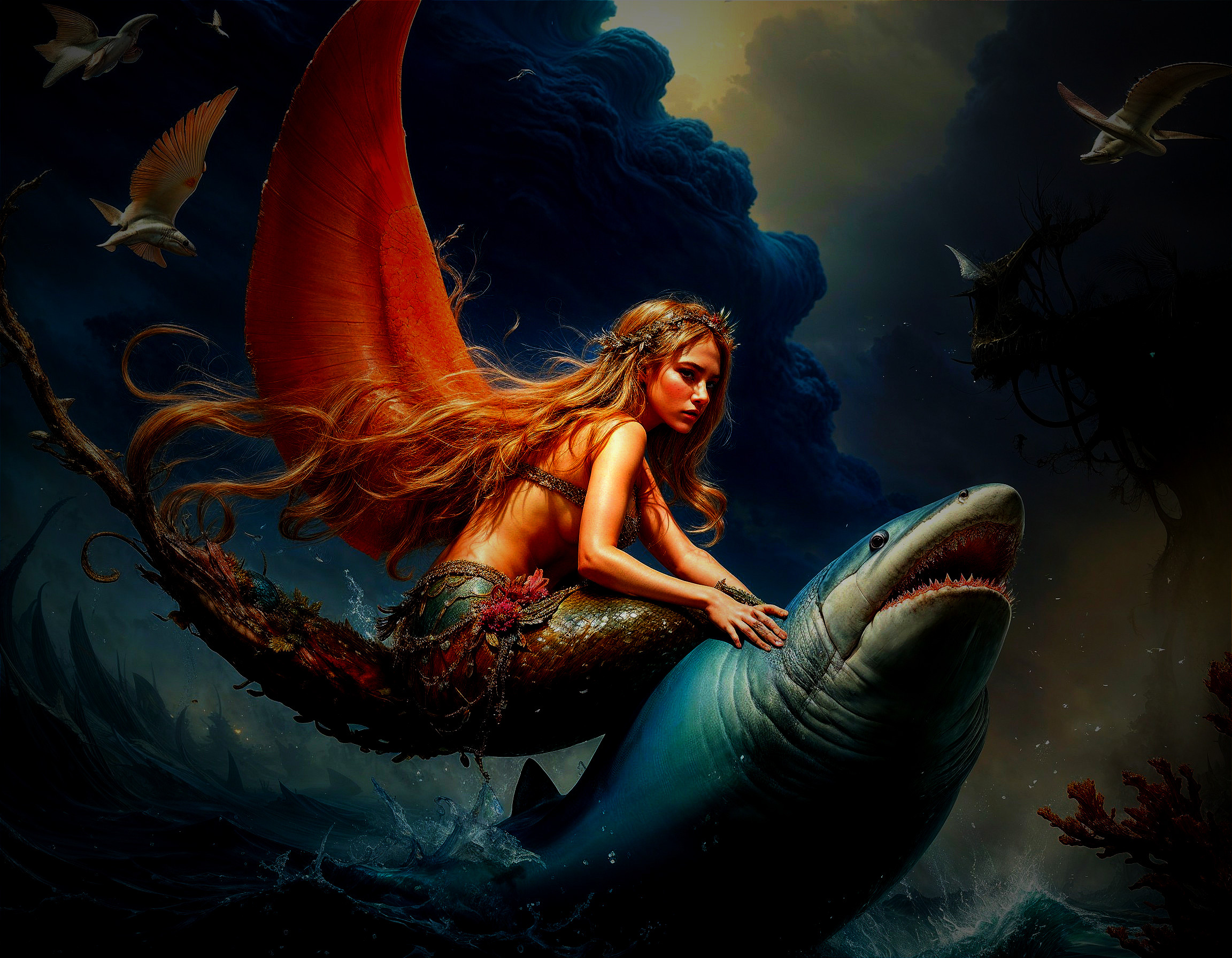 Mermaid Riding Shark Amid Stormy Sky and Birds