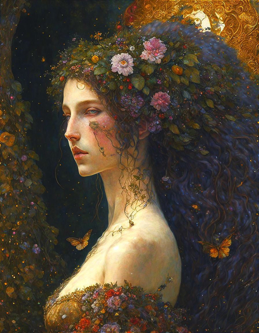 Serene Woman with Floral Crown and Butterflies
