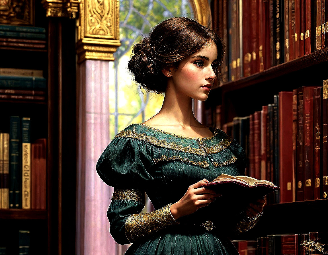 Young woman in elegant gown in grand library setting