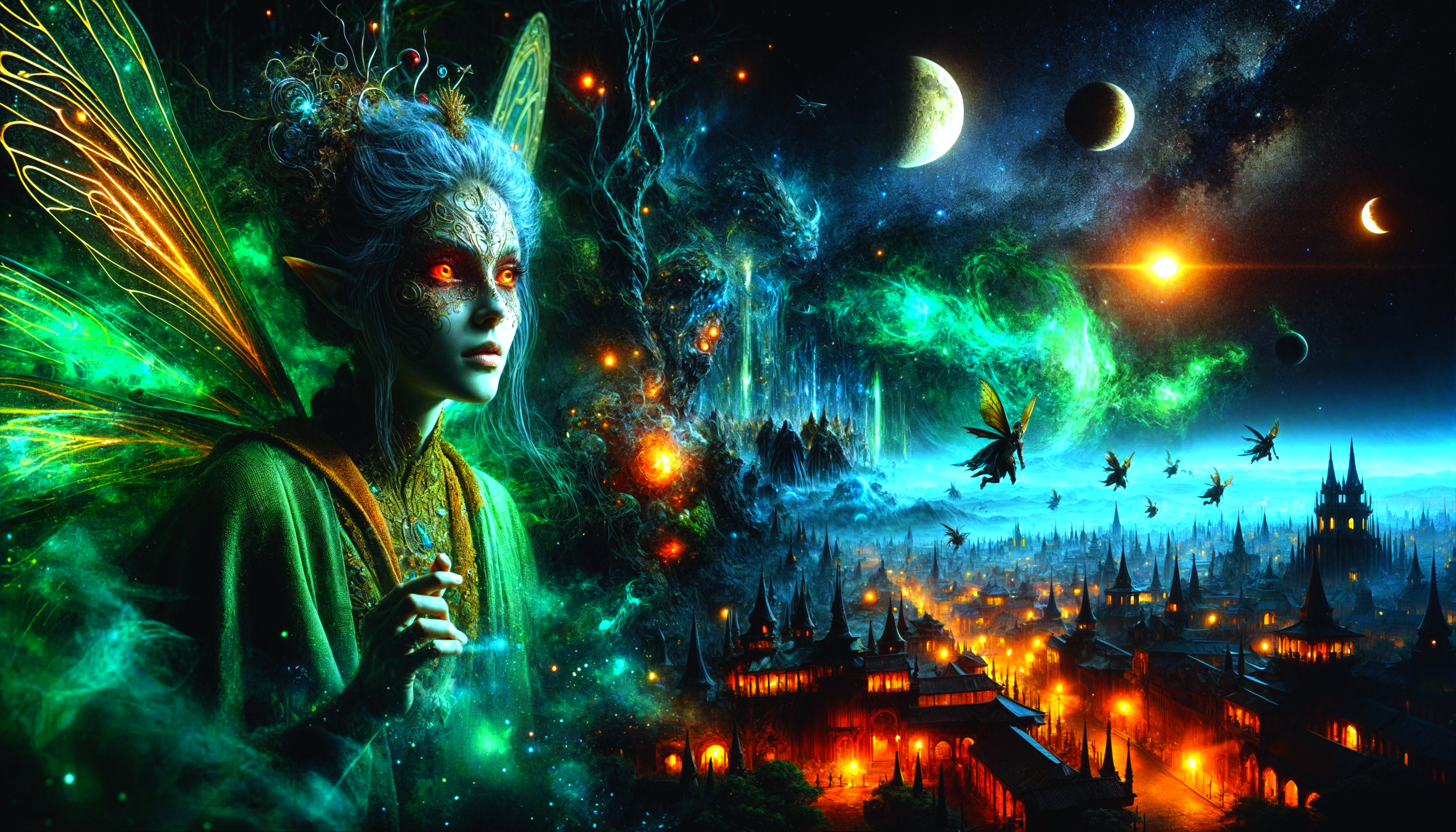 Mystical Fairy Scene with Cosmic Backdrop and City