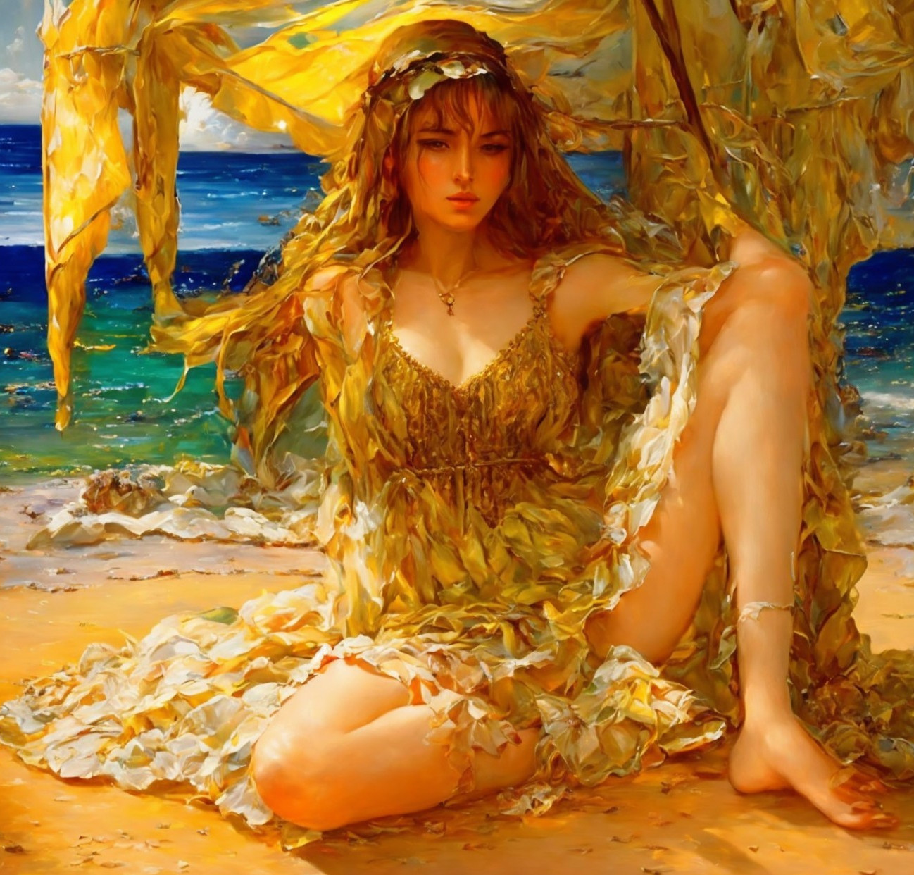 Woman in Golden Dress on Sunny Beach with Ocean View