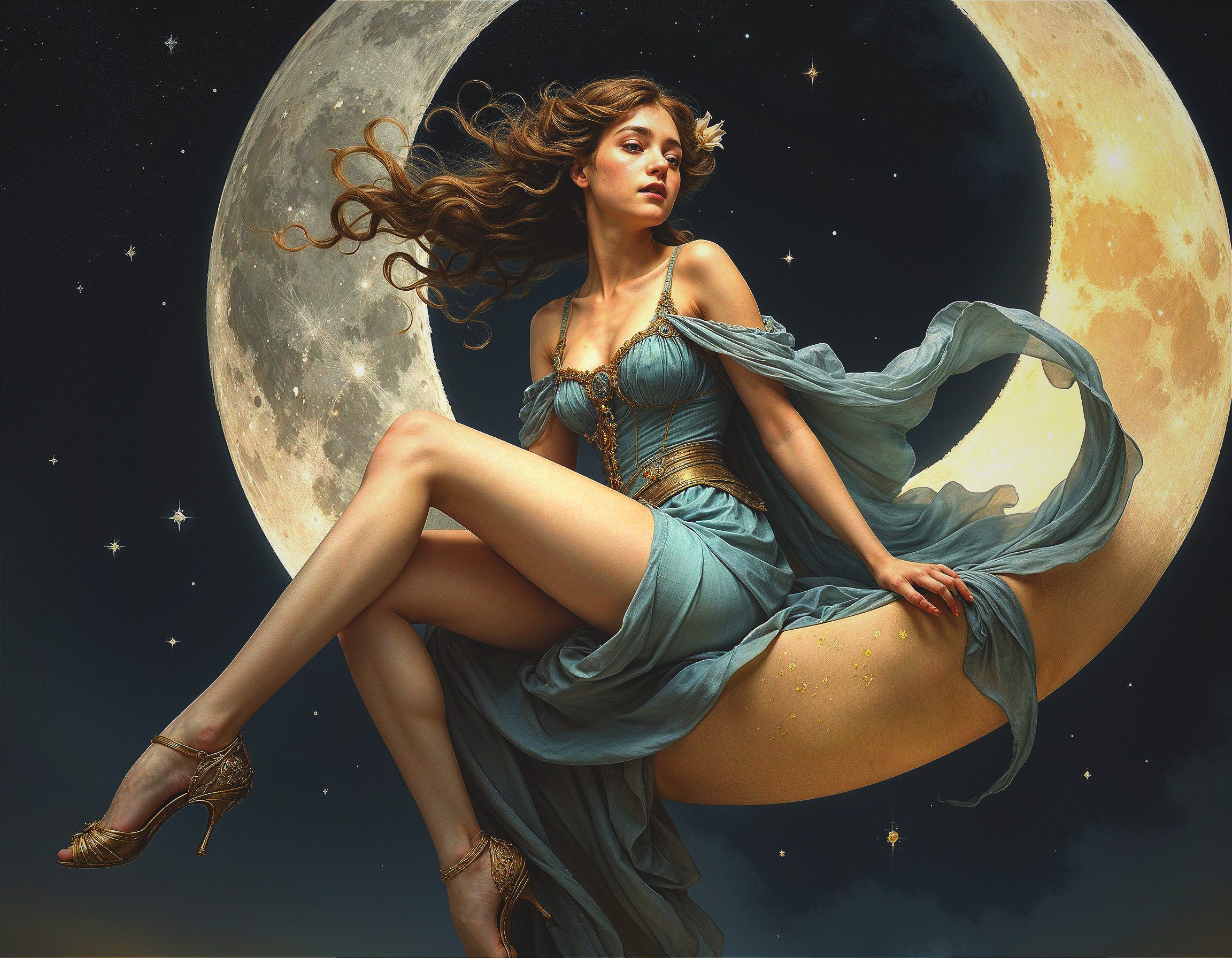 Woman in Blue Gown on Crescent Moon Under Stars