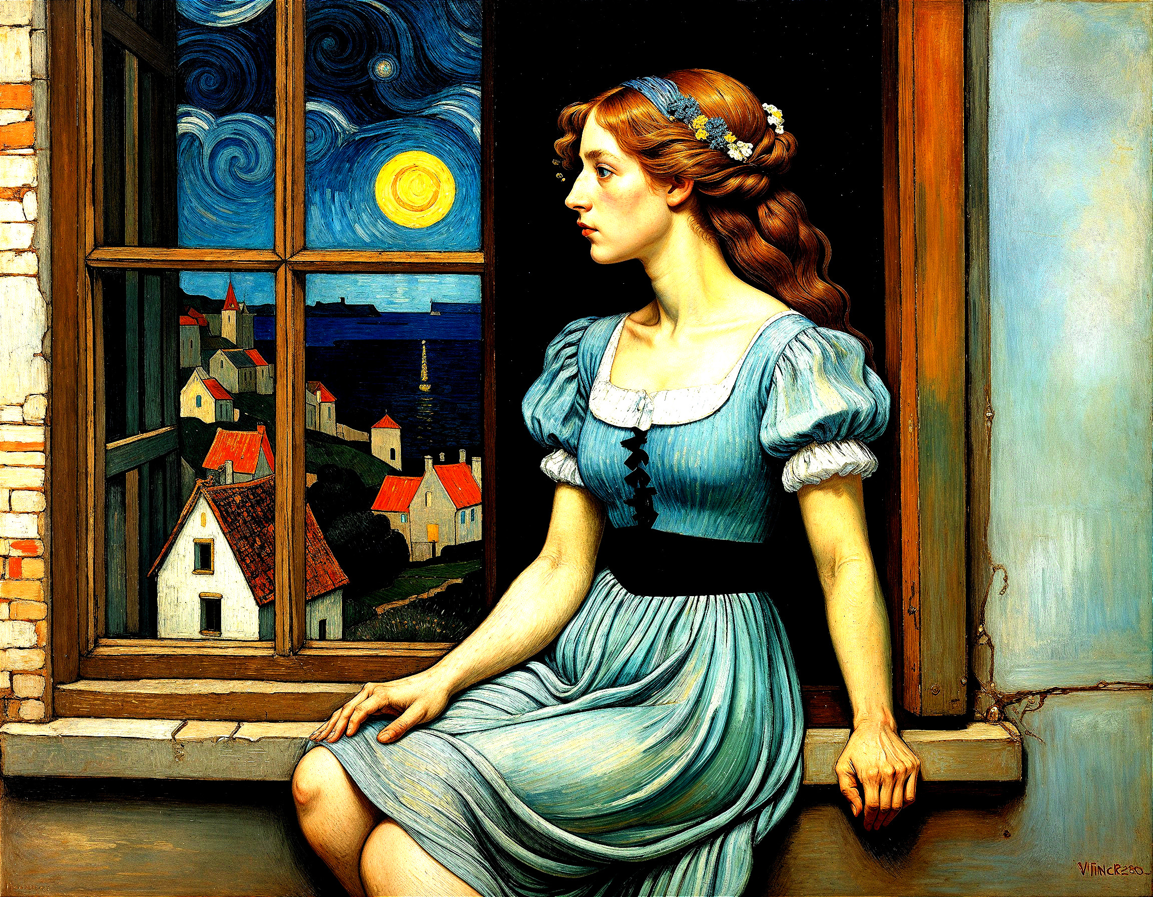Young Woman in Blue Dress Gazing at Night Sky