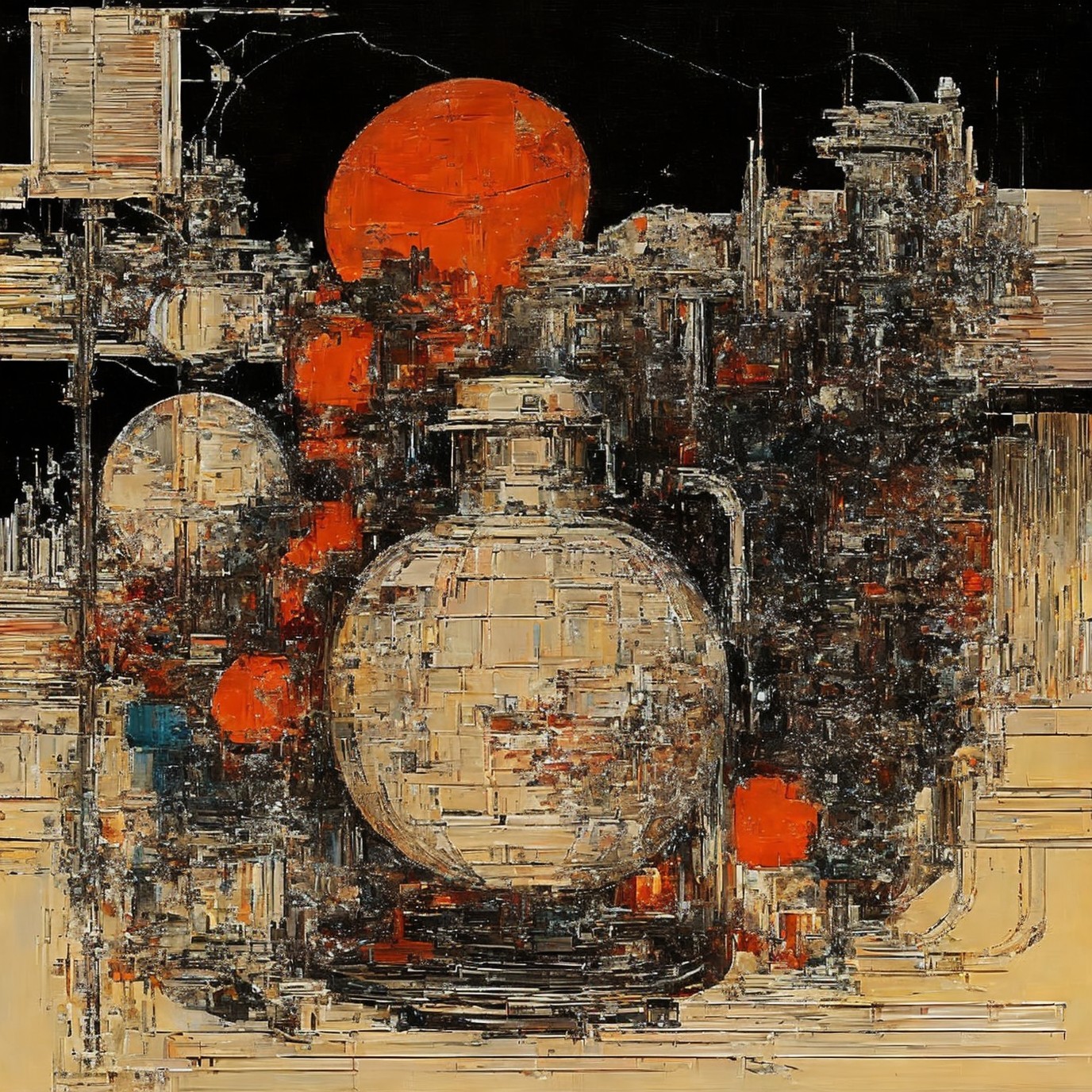 Abstract Painting with Textured Layers and Geometric Forms