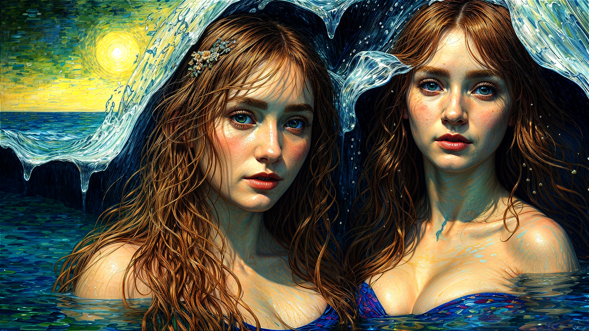 Ethereal figures in a vibrant, swirling ocean scene