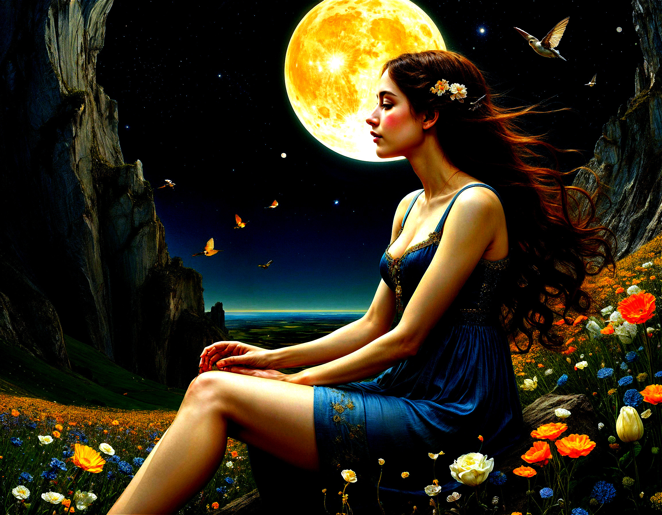 Young Woman in Vibrant Meadow Under Moonlight