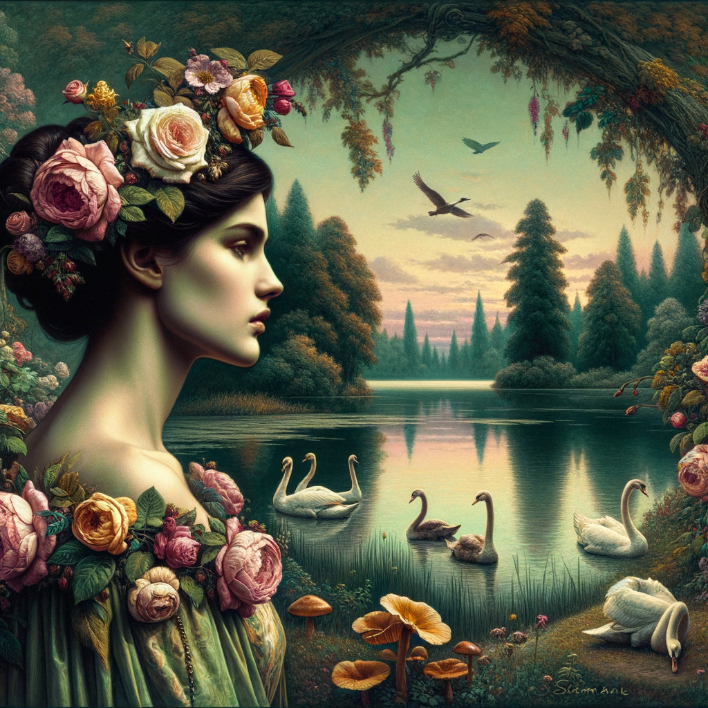 Woman with Floral Crown in Lakeside Scene with Swans and Forest