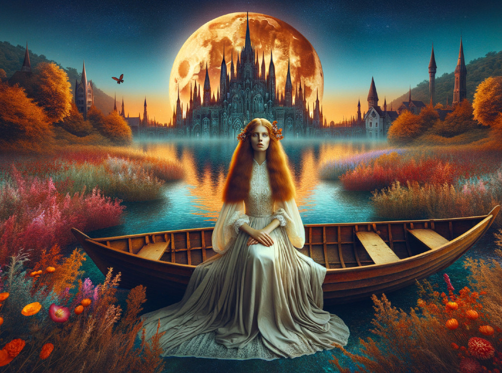 Serene figure in boat under full moon and castle