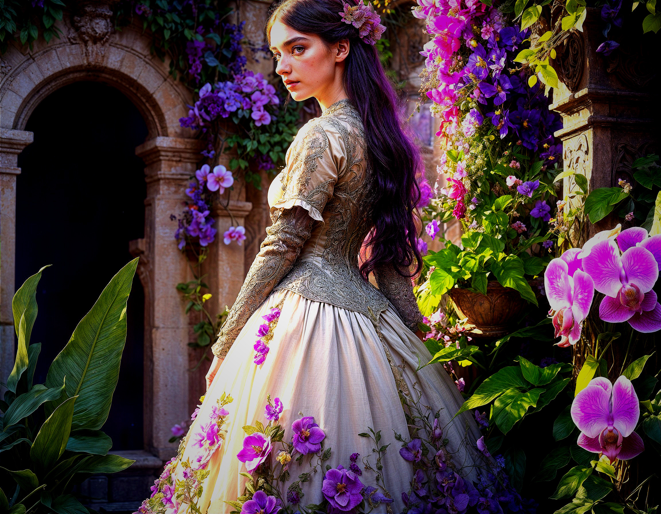 Young Woman in Elegant Gown Surrounded by Flowers