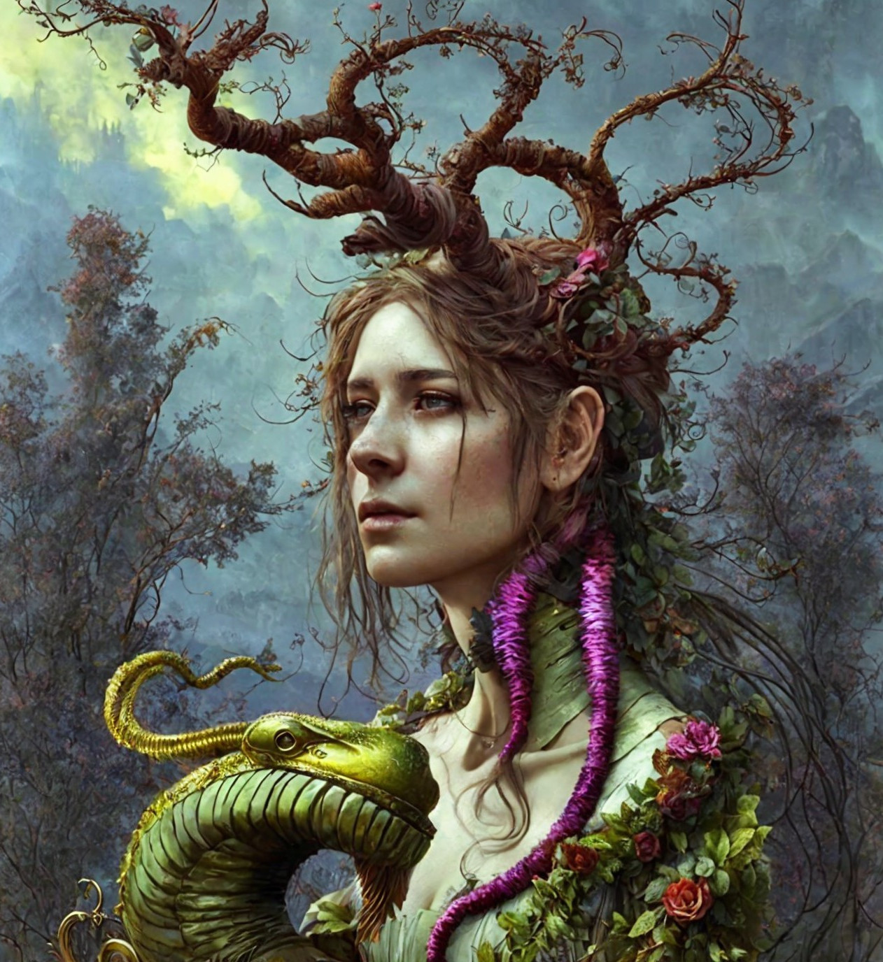 Mystical Woman Intertwined with Nature and Serpent