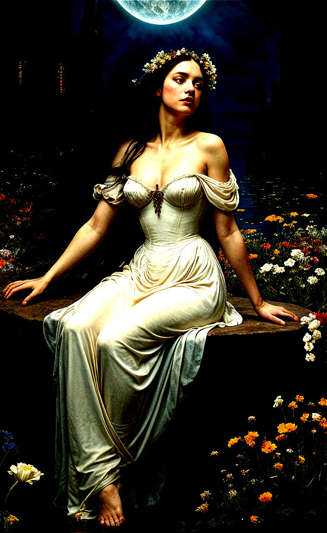 Serene Woman in Flowing Gown Under Full Moon