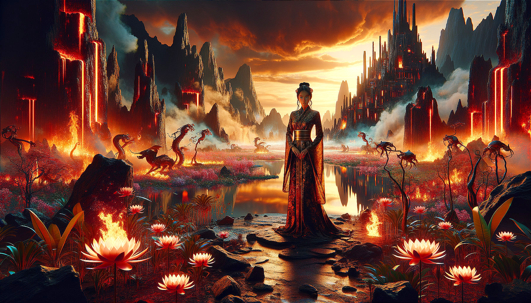 Mystical Landscape with Fiery Hues and Serene Figure
