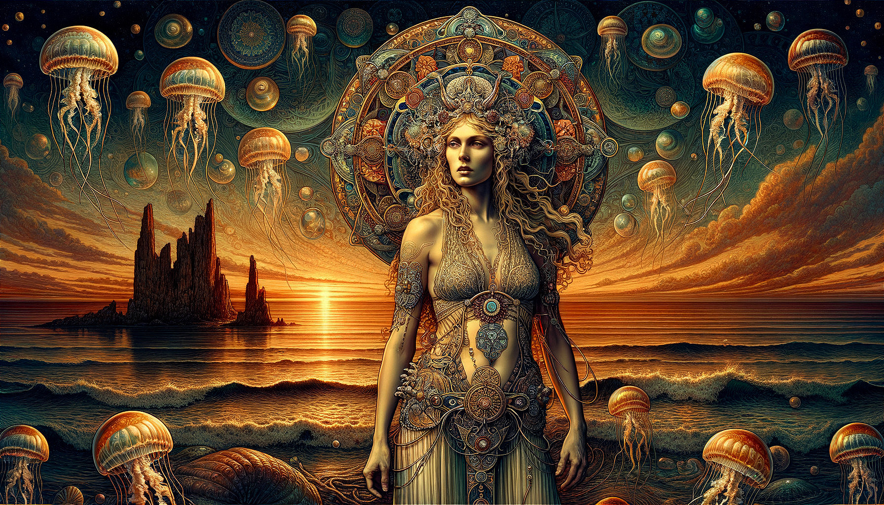 Ethereal figure by ocean with celestial motifs and jellyfish