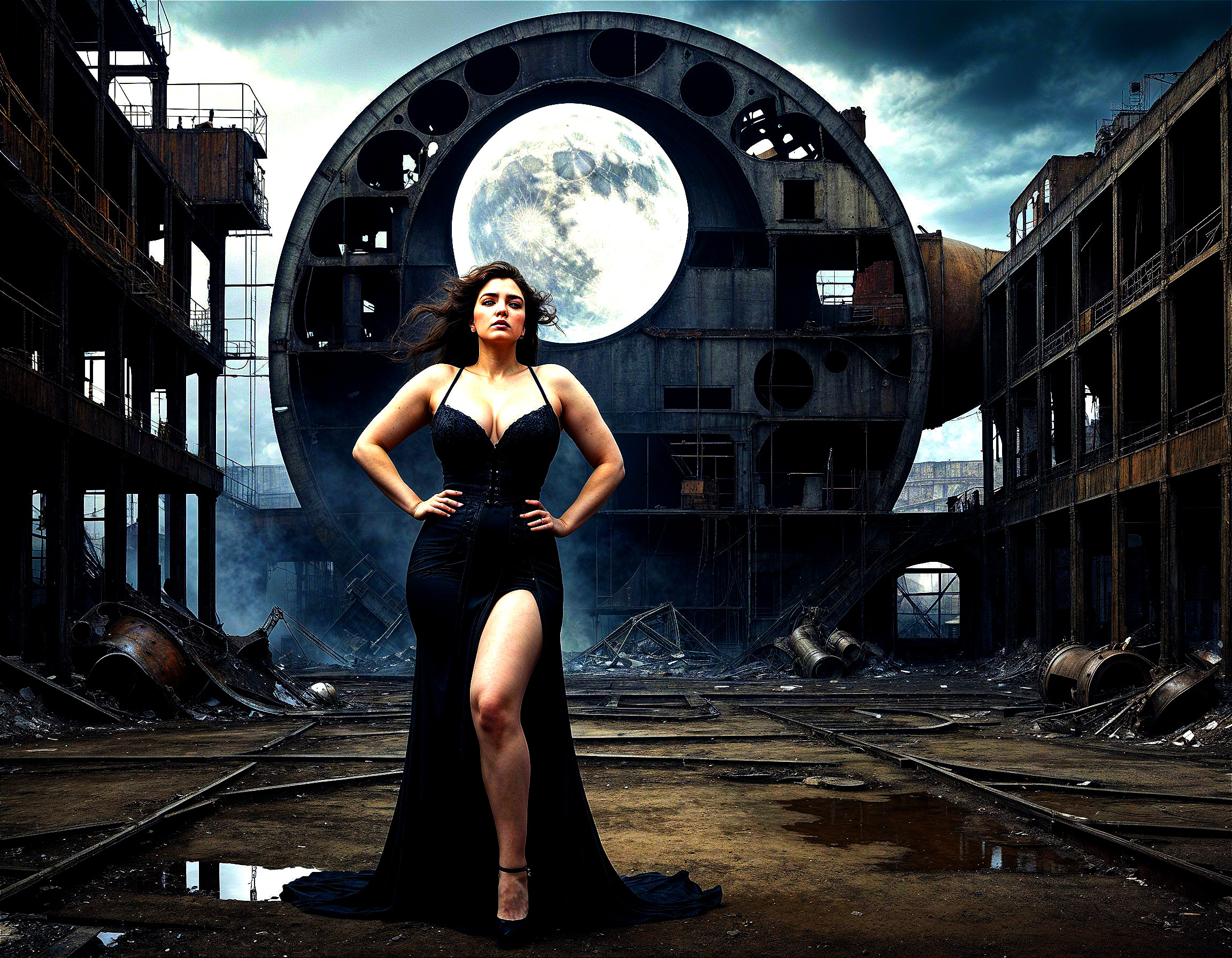 Woman in Black Dress Against Industrial Backdrop