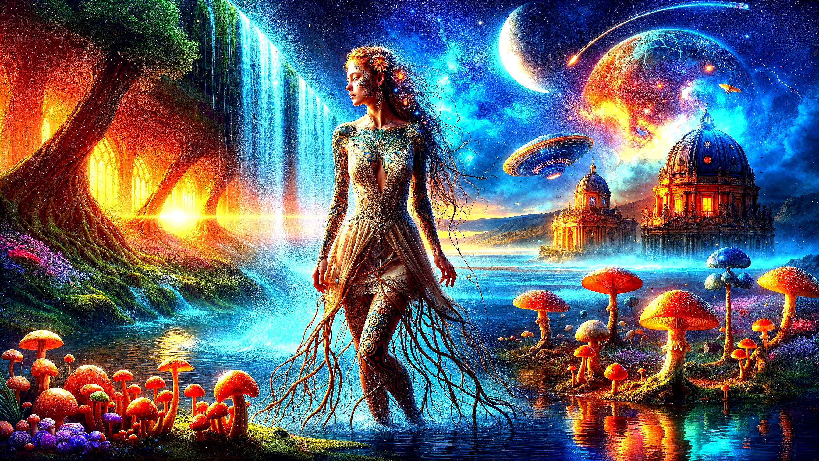 Mystical Landscape with Woman and Oversized Mushrooms