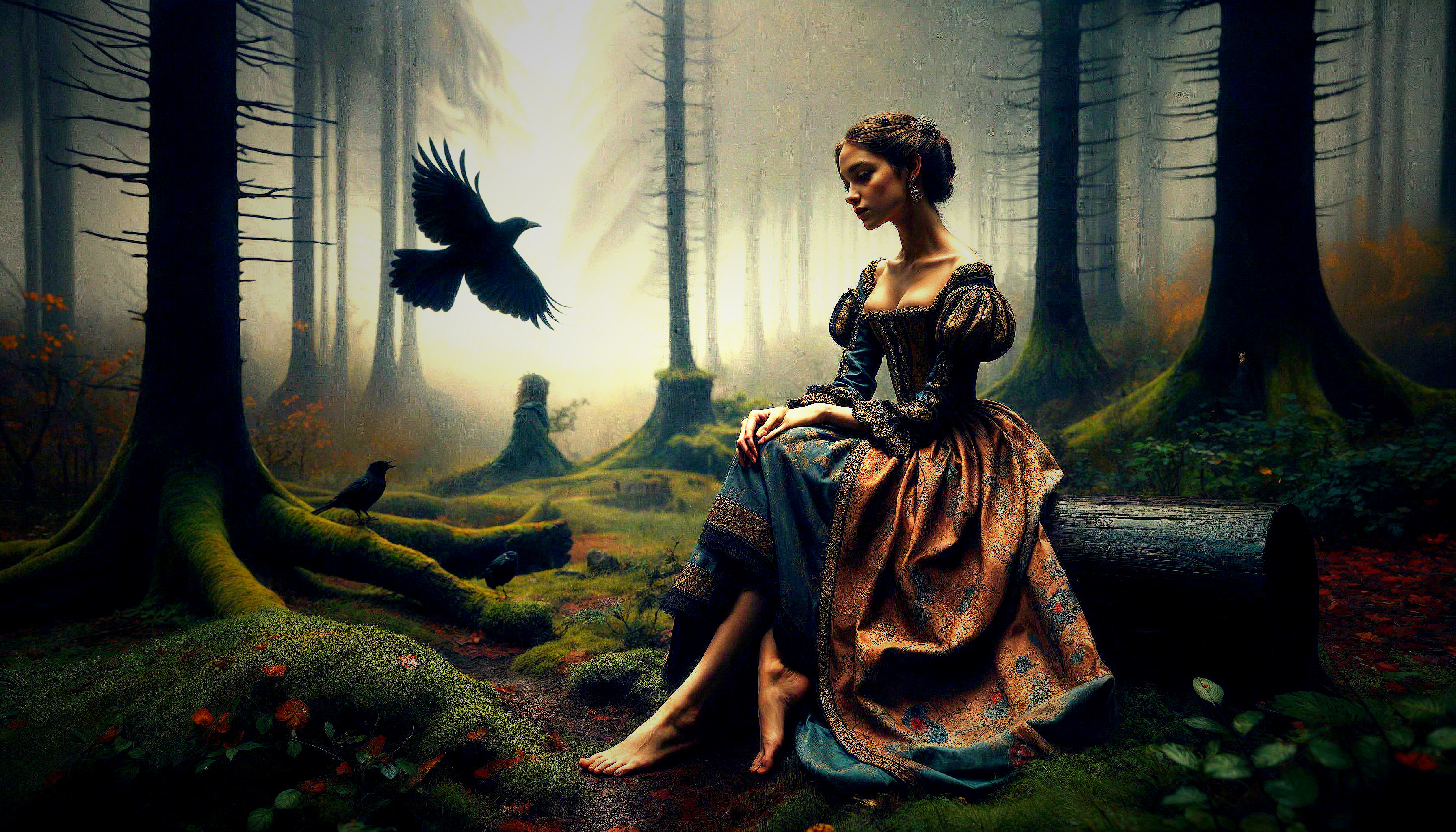 Mystical forest scene with a contemplative woman