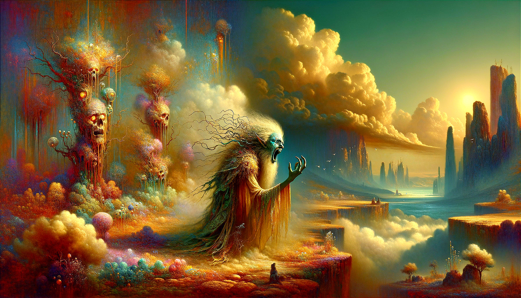 Surreal Landscape with Ethereal Figures and Vibrant Sky