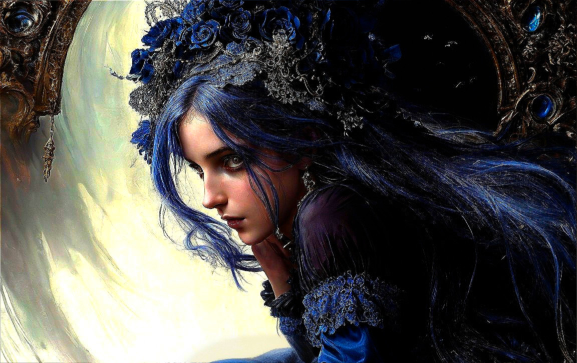 Young woman with blue hair and dark rose accessories