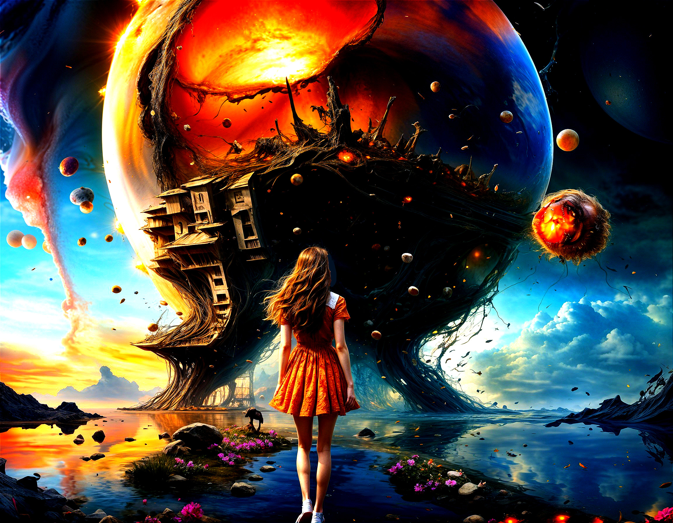 Young girl in orange dress in surreal landscape