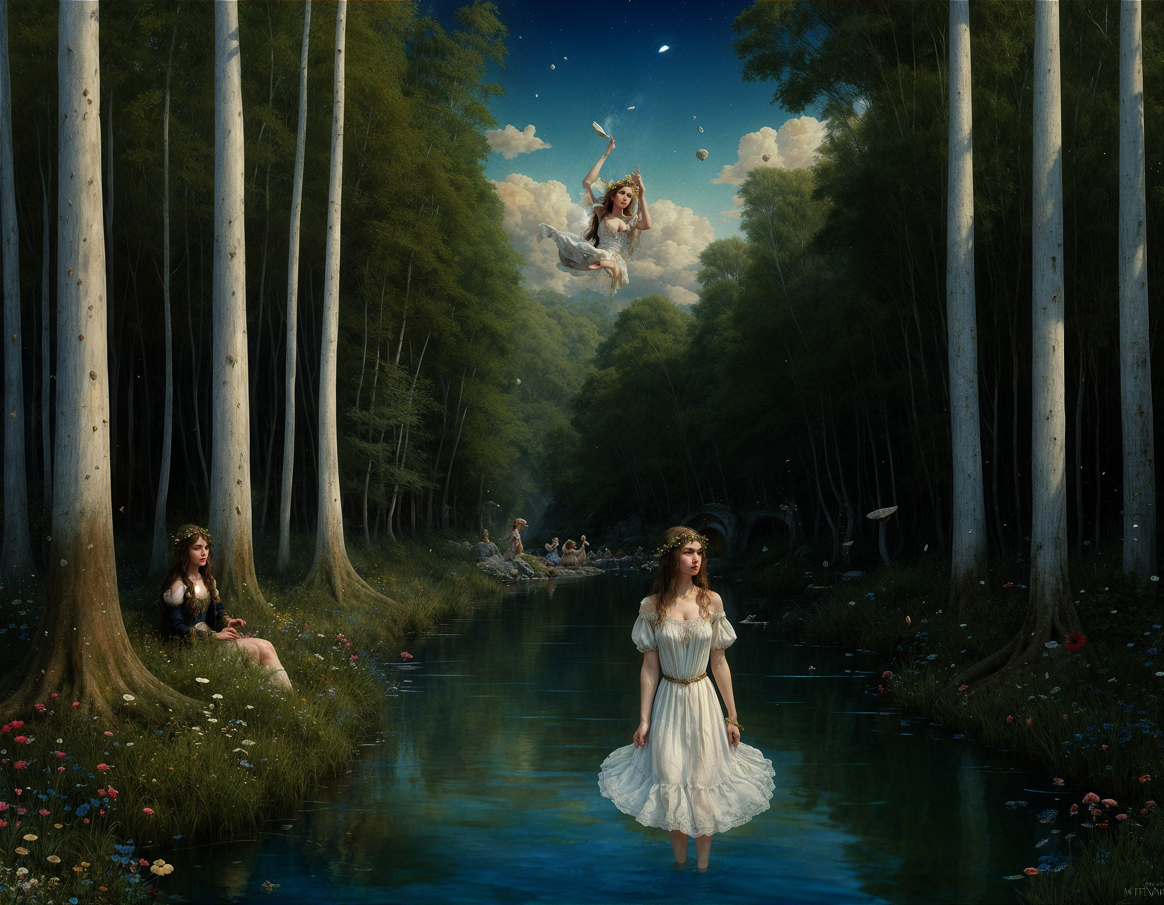 Serene forest scene with women in flowing dresses