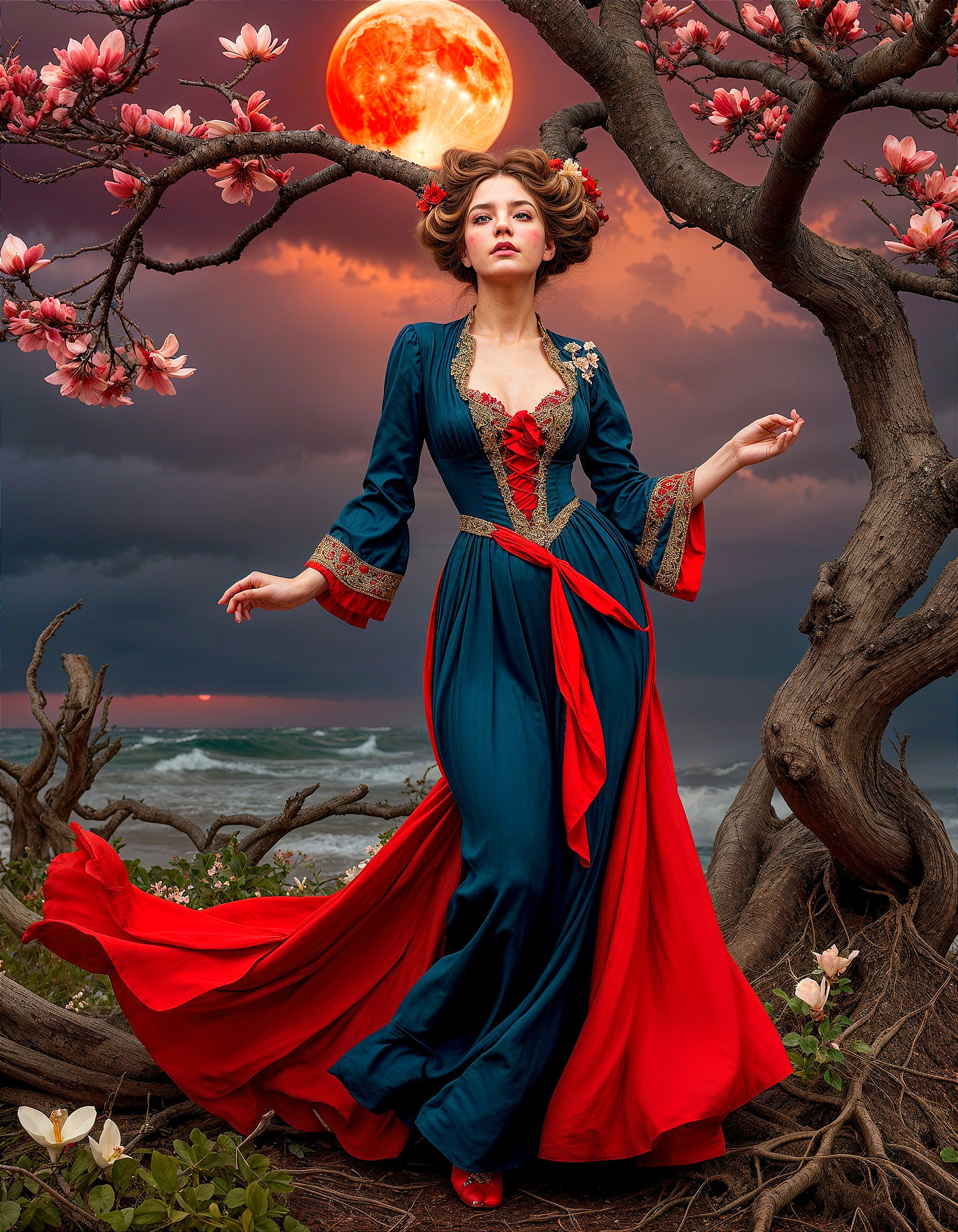 Woman in Dual-Colored Gown Amid Cherry Blossoms