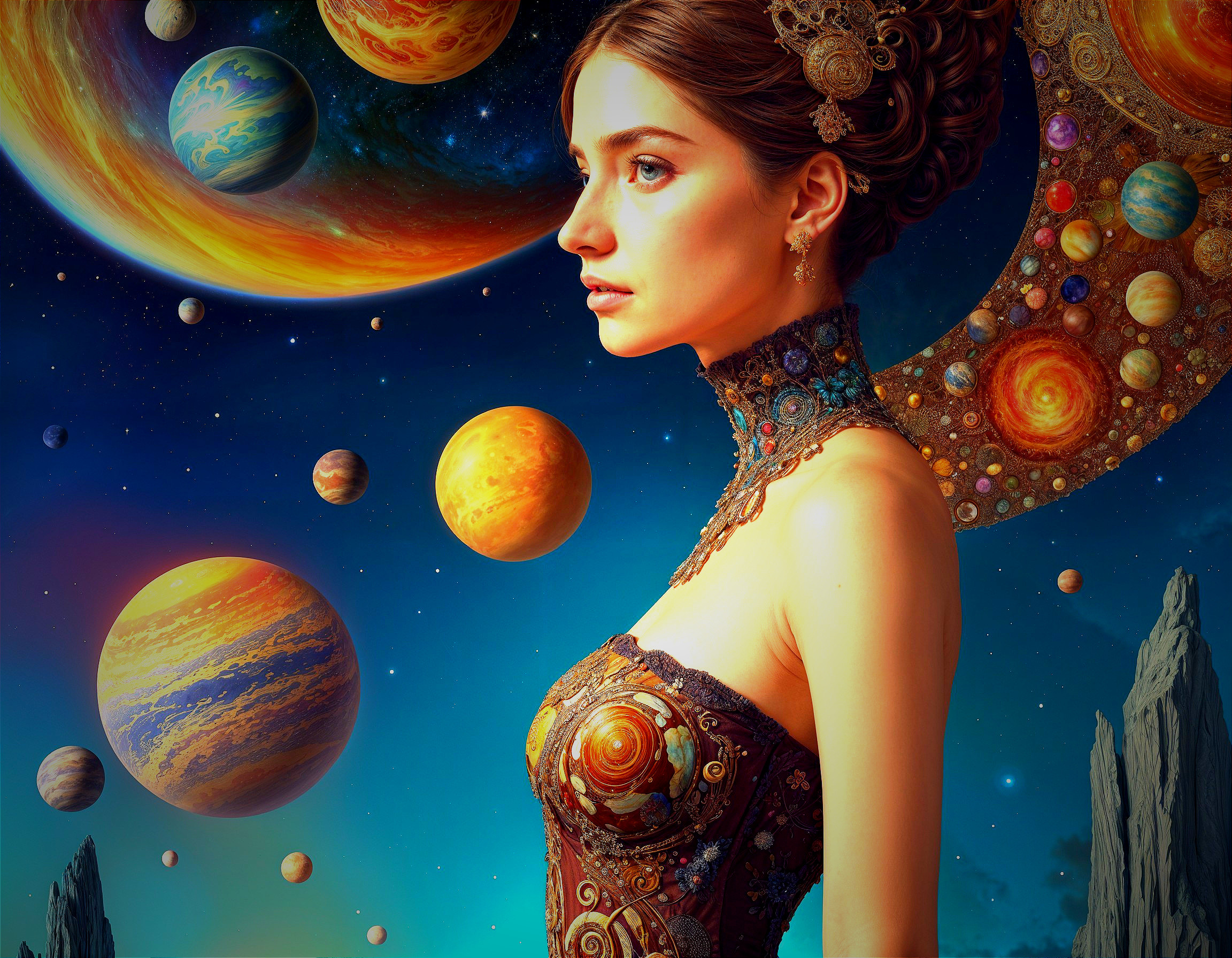 Celestial-Themed Portrait of a Woman in Space