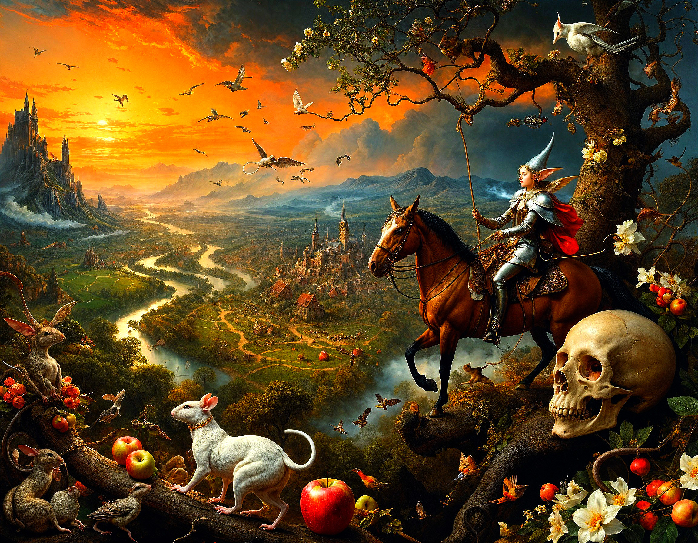 Knight on Horseback in Mystical Sunset Landscape