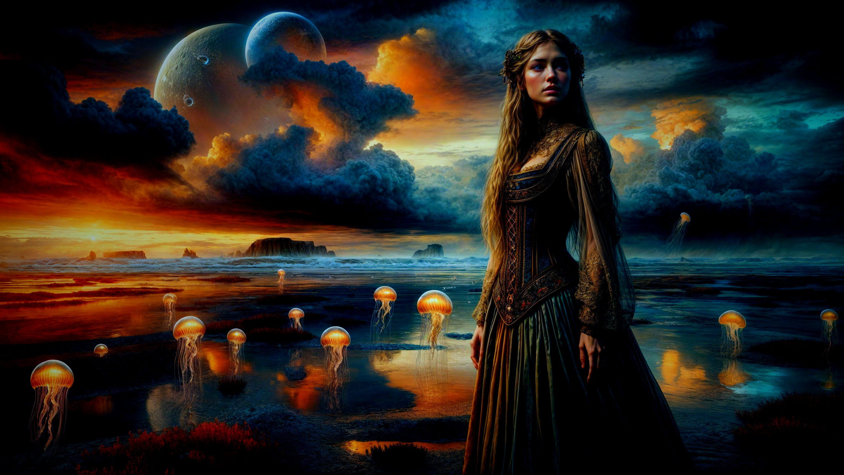 Mysterious Woman in Surreal Twilight Landscape