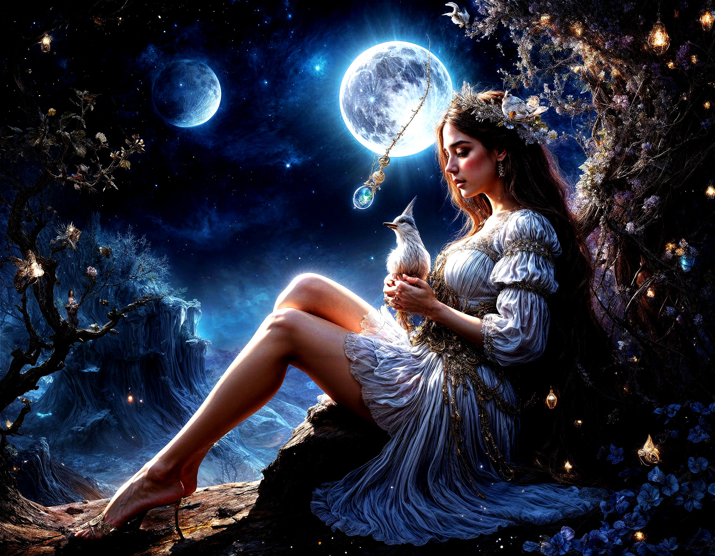 Serene Figure in Ethereal Gown Against Starry Night