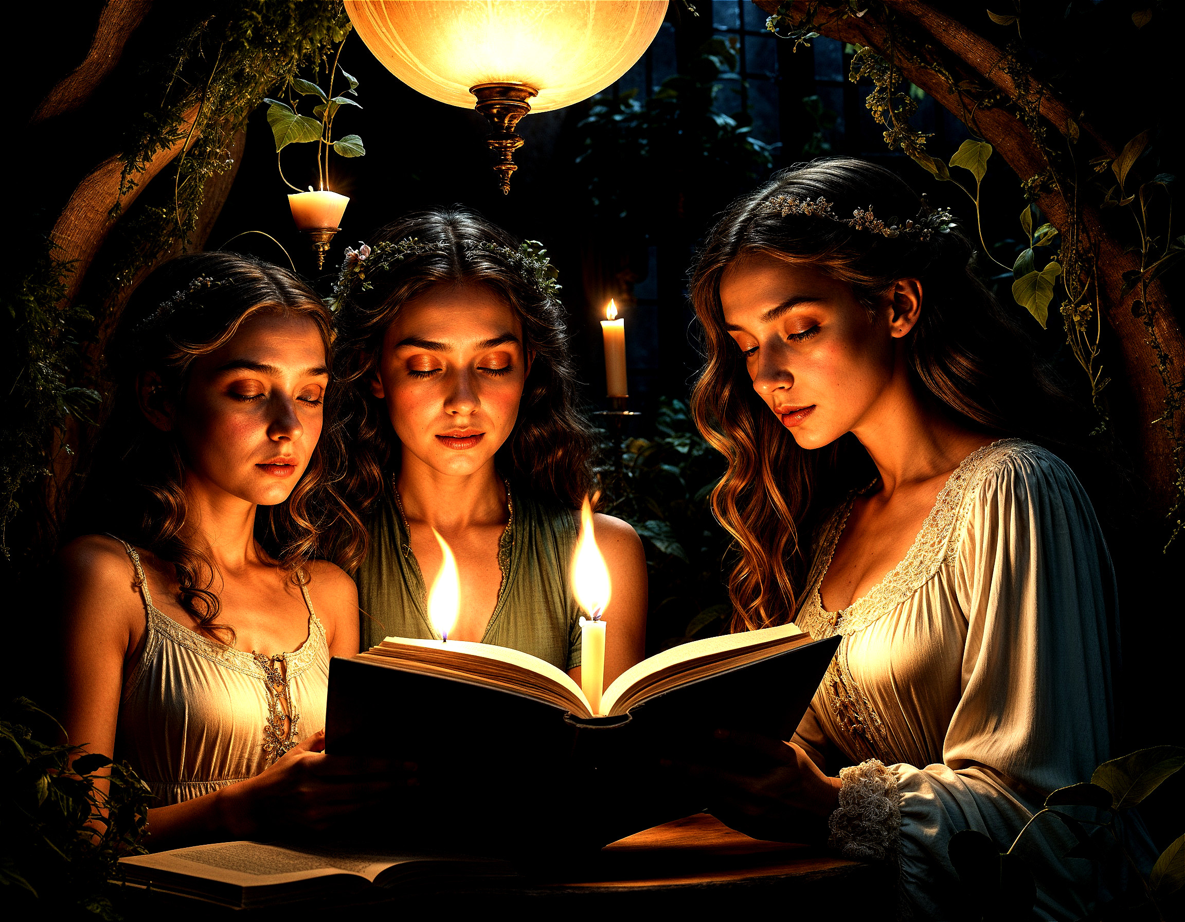 Young Women Reading Together in Candlelight Setting