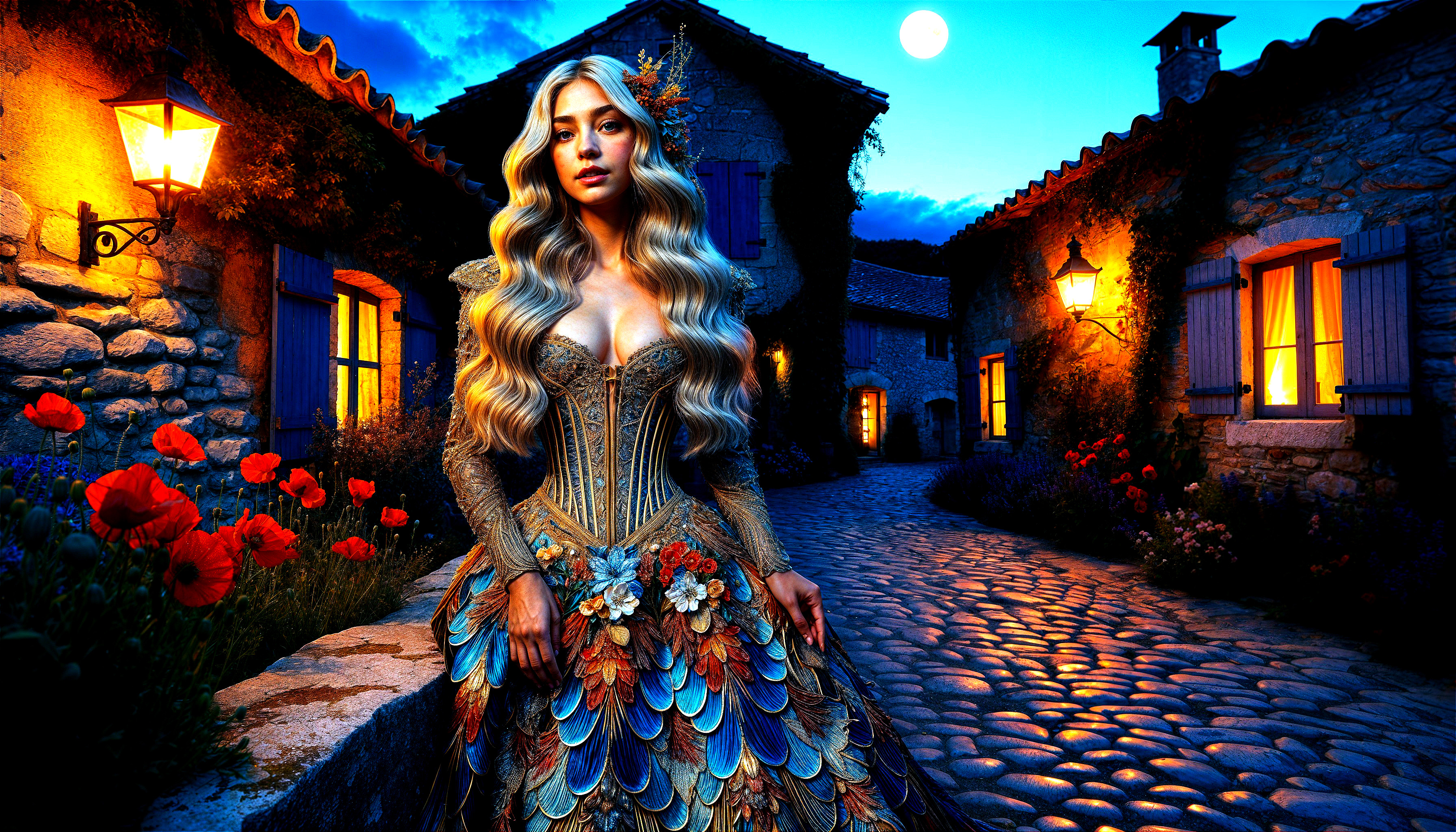 Mystical Village Scene with Lanterns and Moonlight