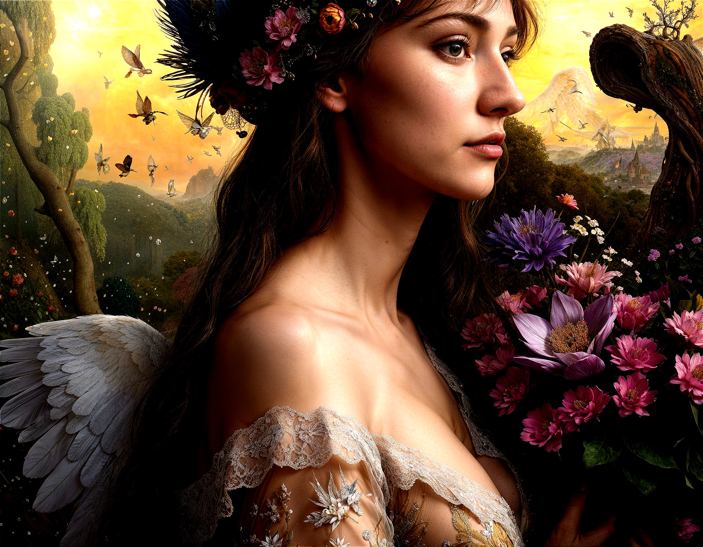 Serene Figure in Lace Dress Amidst Vibrant Flowers