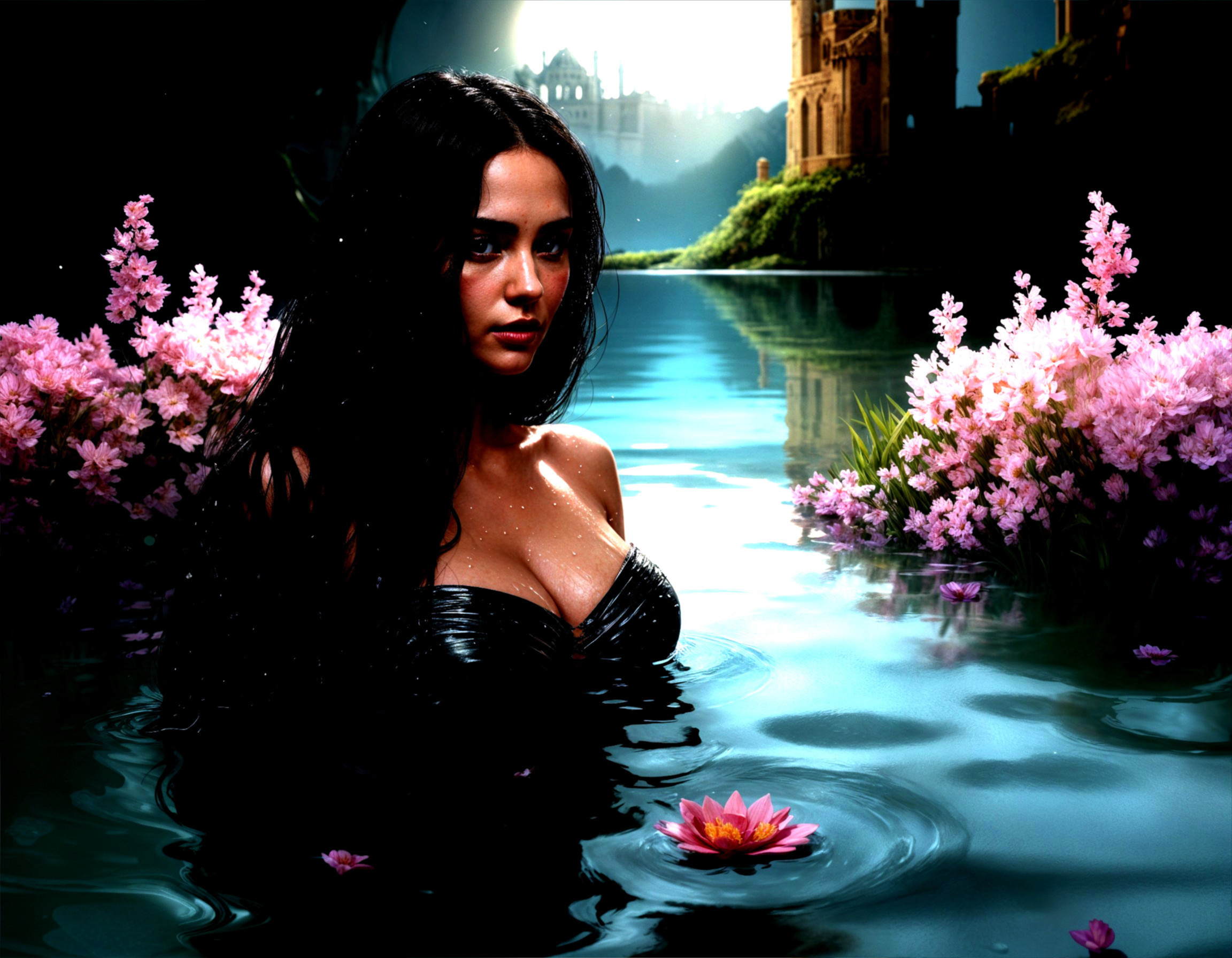 Mystical Woman Emerges from Reflective Water with Blossoms