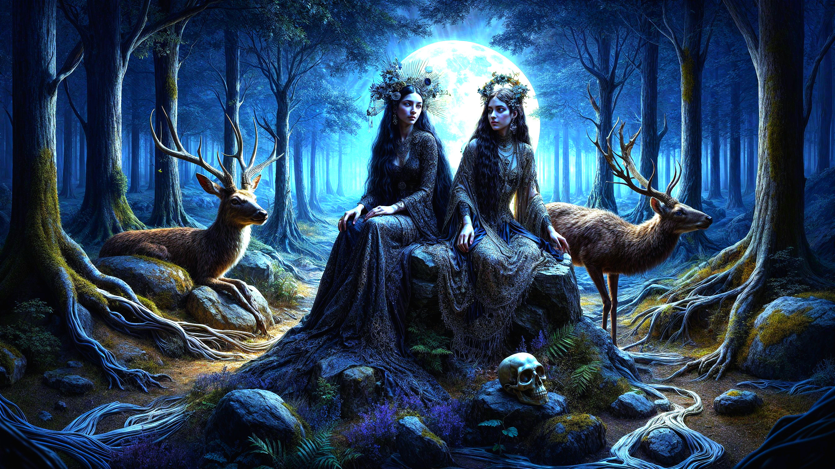 Ethereal Figures in a Mystical Moonlit Forest Scene