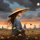 Woman in wide-brimmed hat stands in field at dusk with windmills and butterflies.