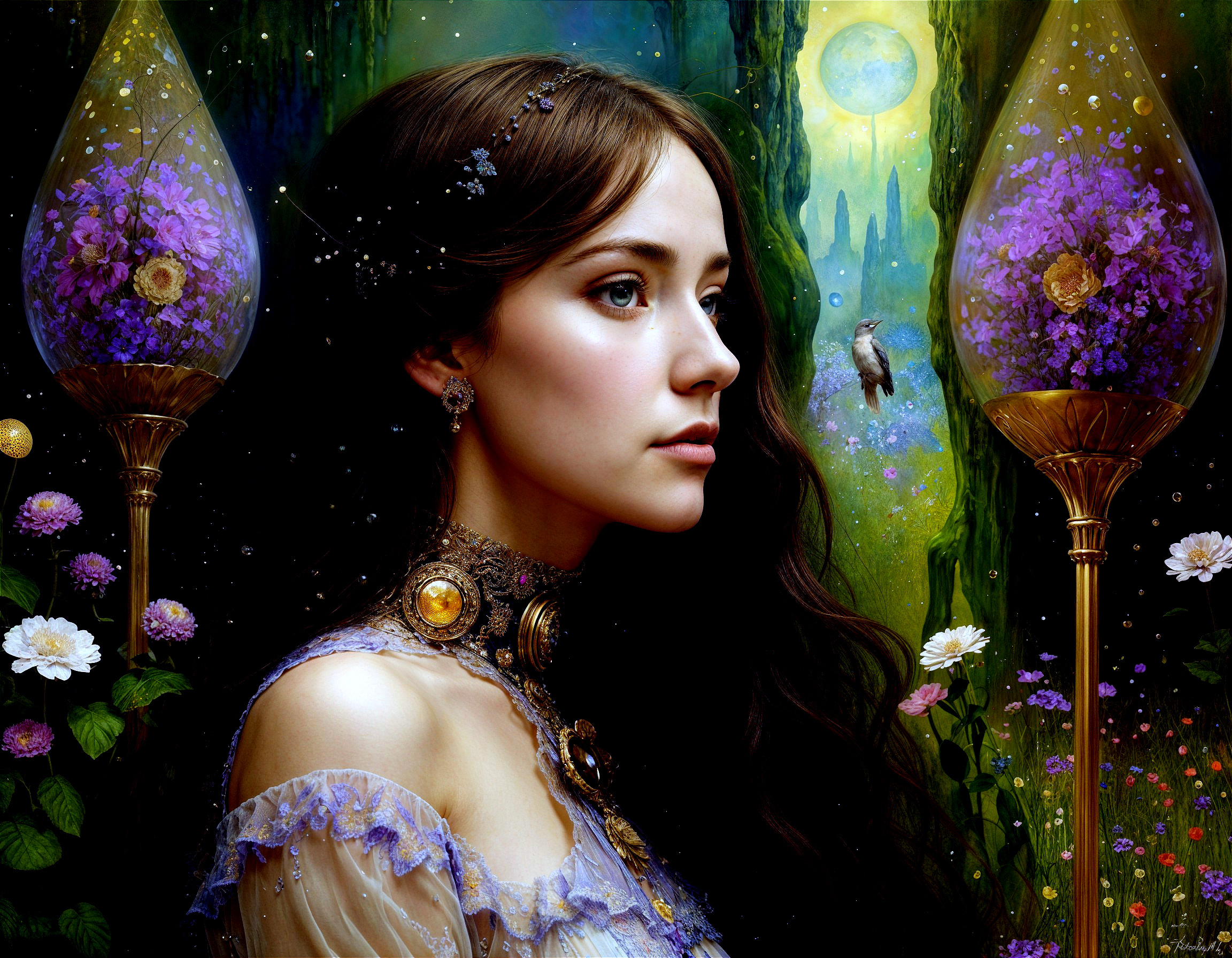 Mystical Portrait of Young Woman in Dreamlike Landscape