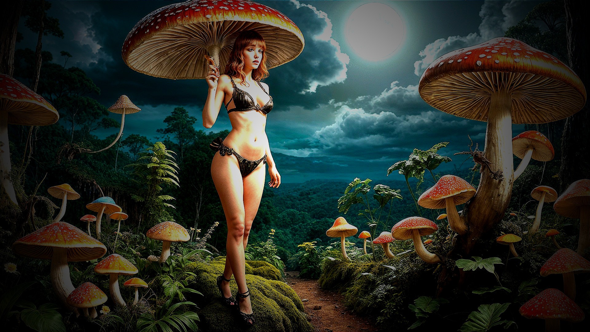 Fantasy Scene of Woman in Lingerie in Enchanted Forest