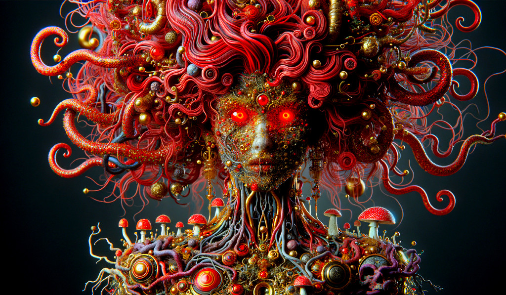 Colorful digital artwork: Intricate figure with mechanical and organic elements, glowing eyes.