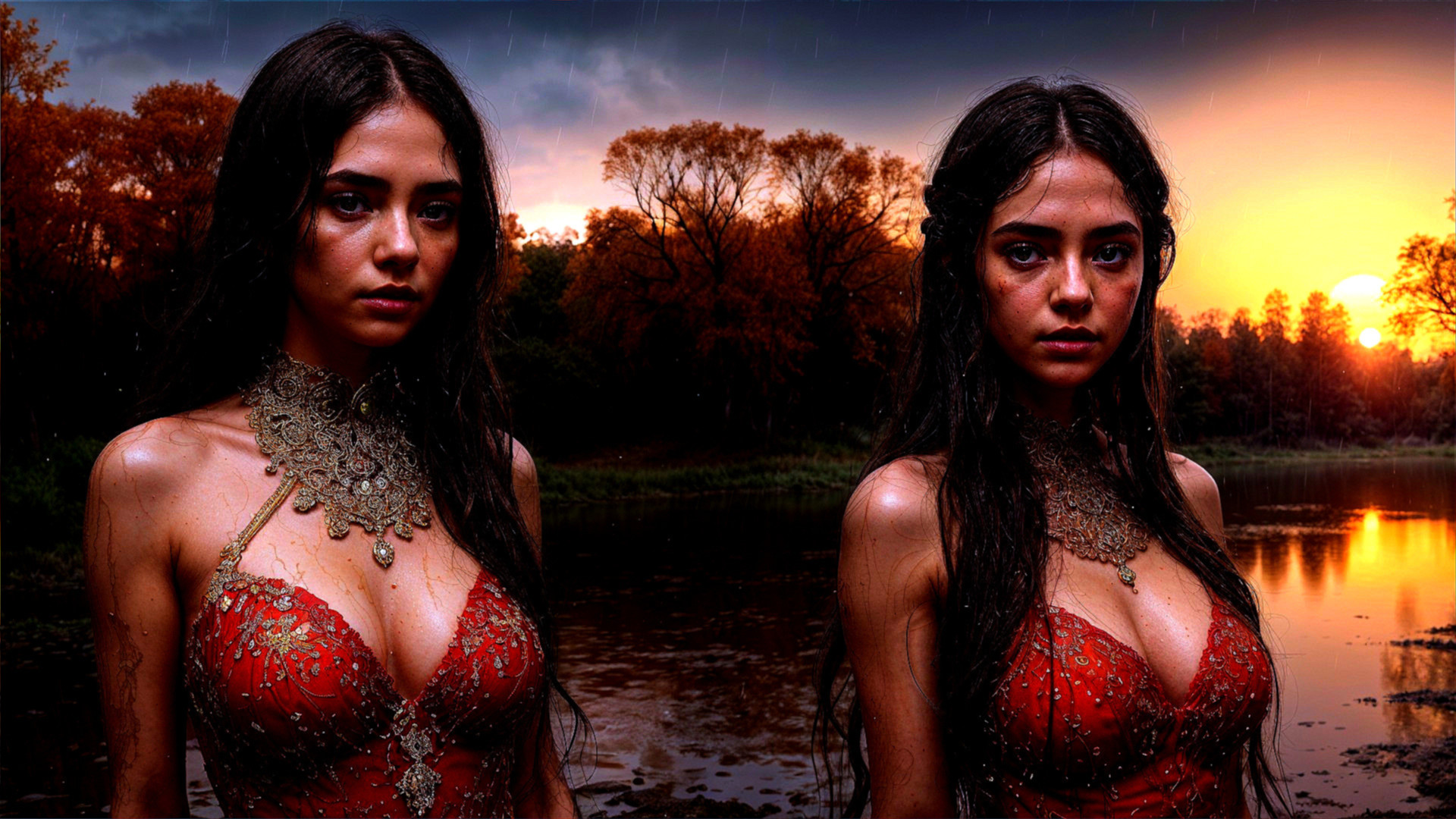 Young Women in Red Gowns by Reflective Water at Sunset