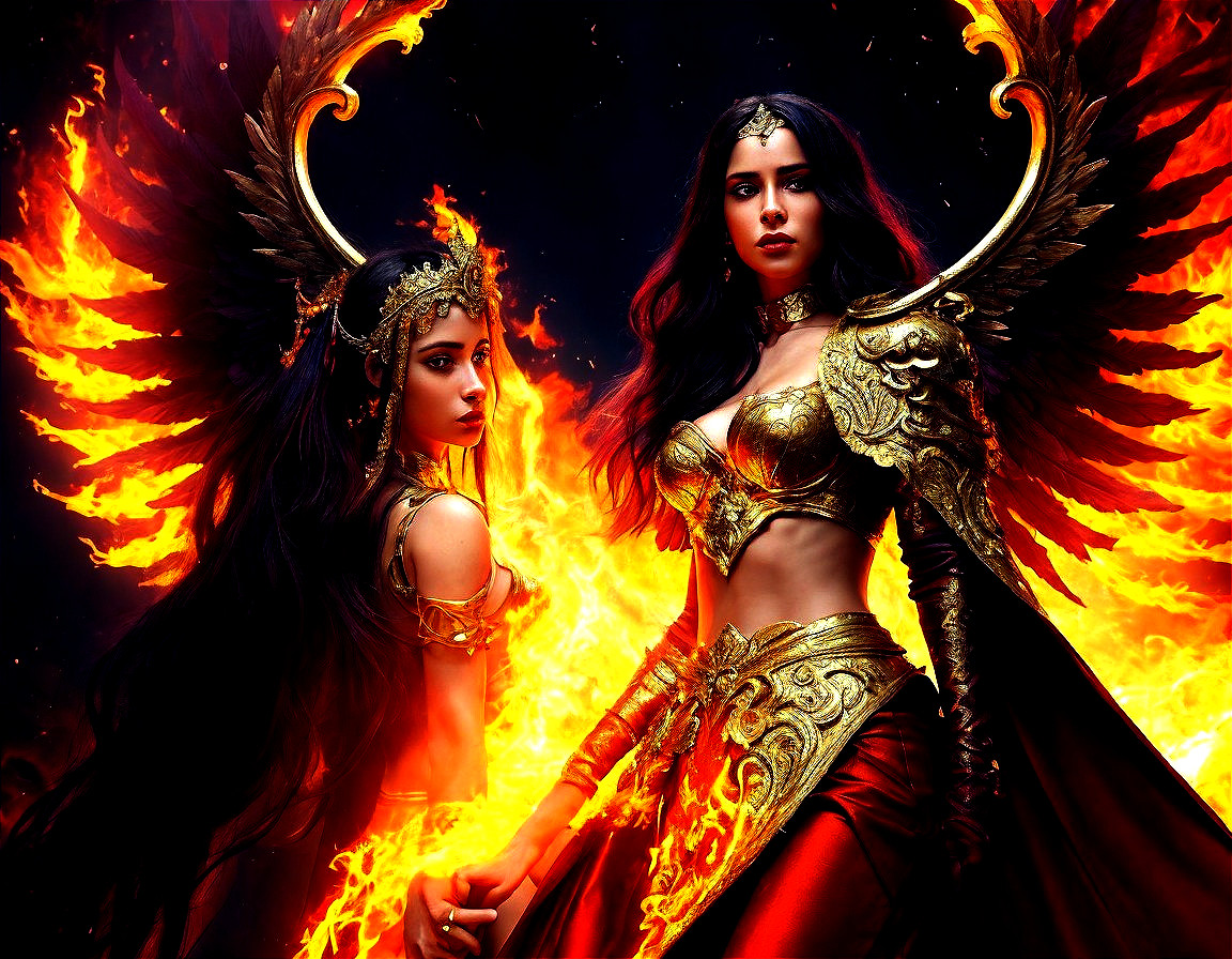 Mythical Women in Fiery Flames with Elaborate Costumes