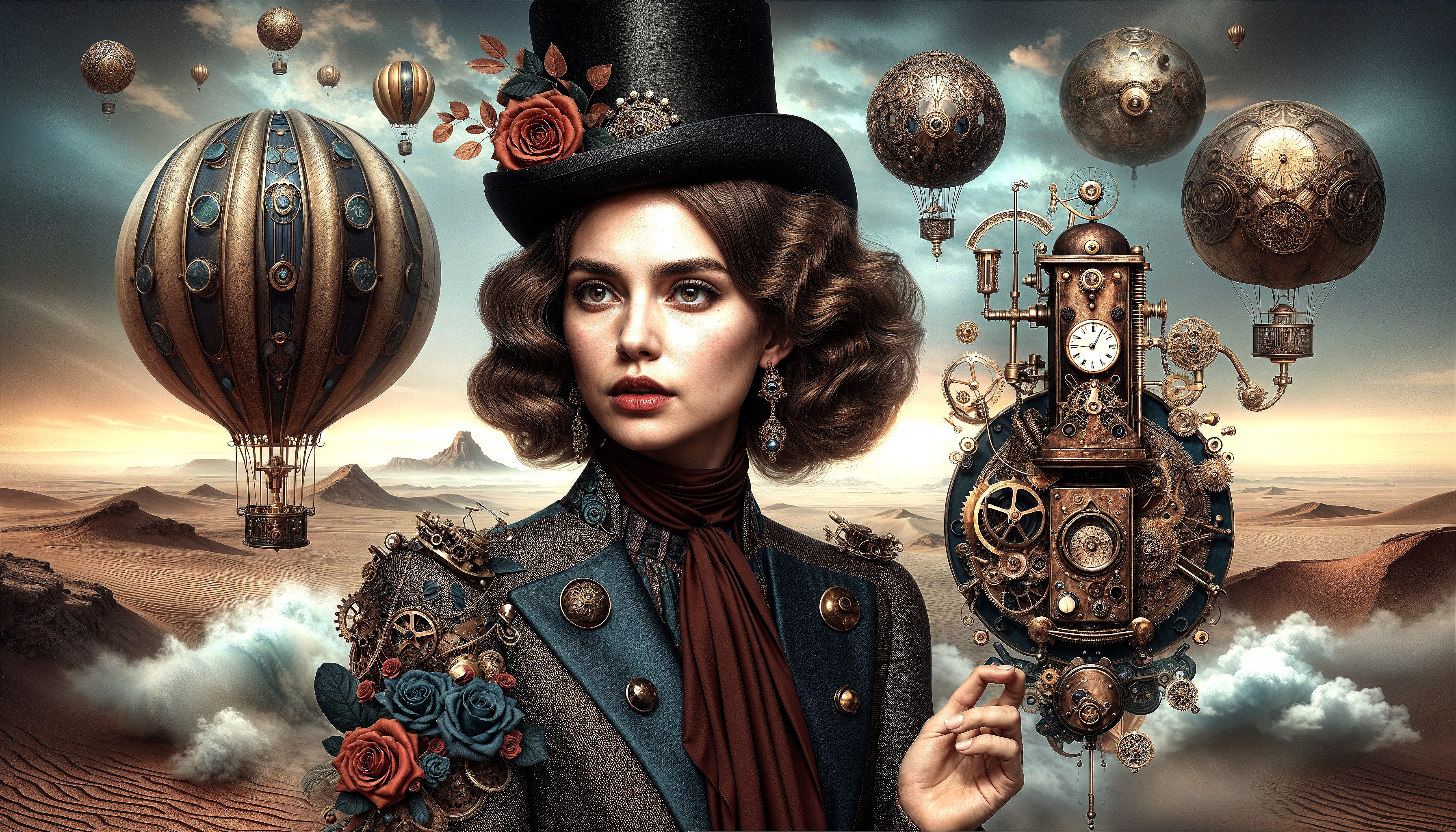 Steampunk Woman in Surreal Desert with Airships