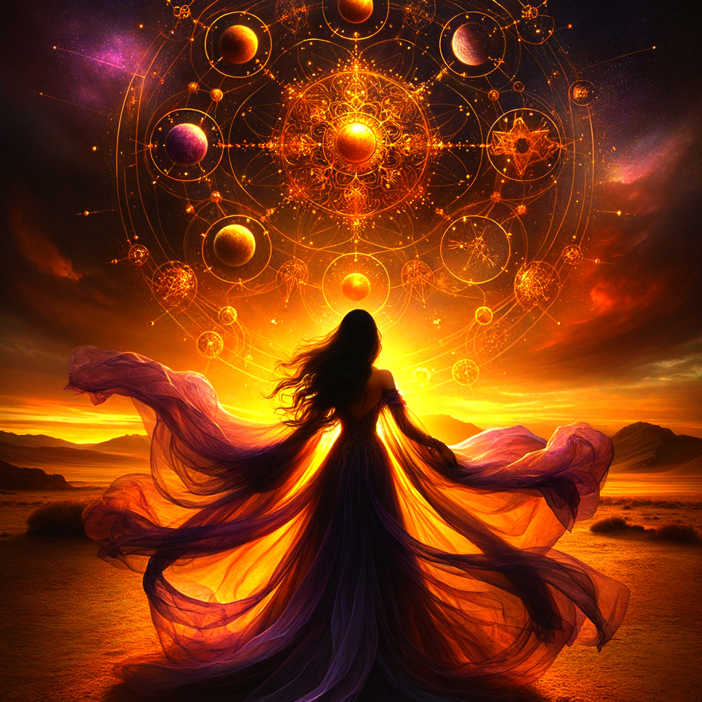 Silhouette of Woman Against Celestial Sunset Scene