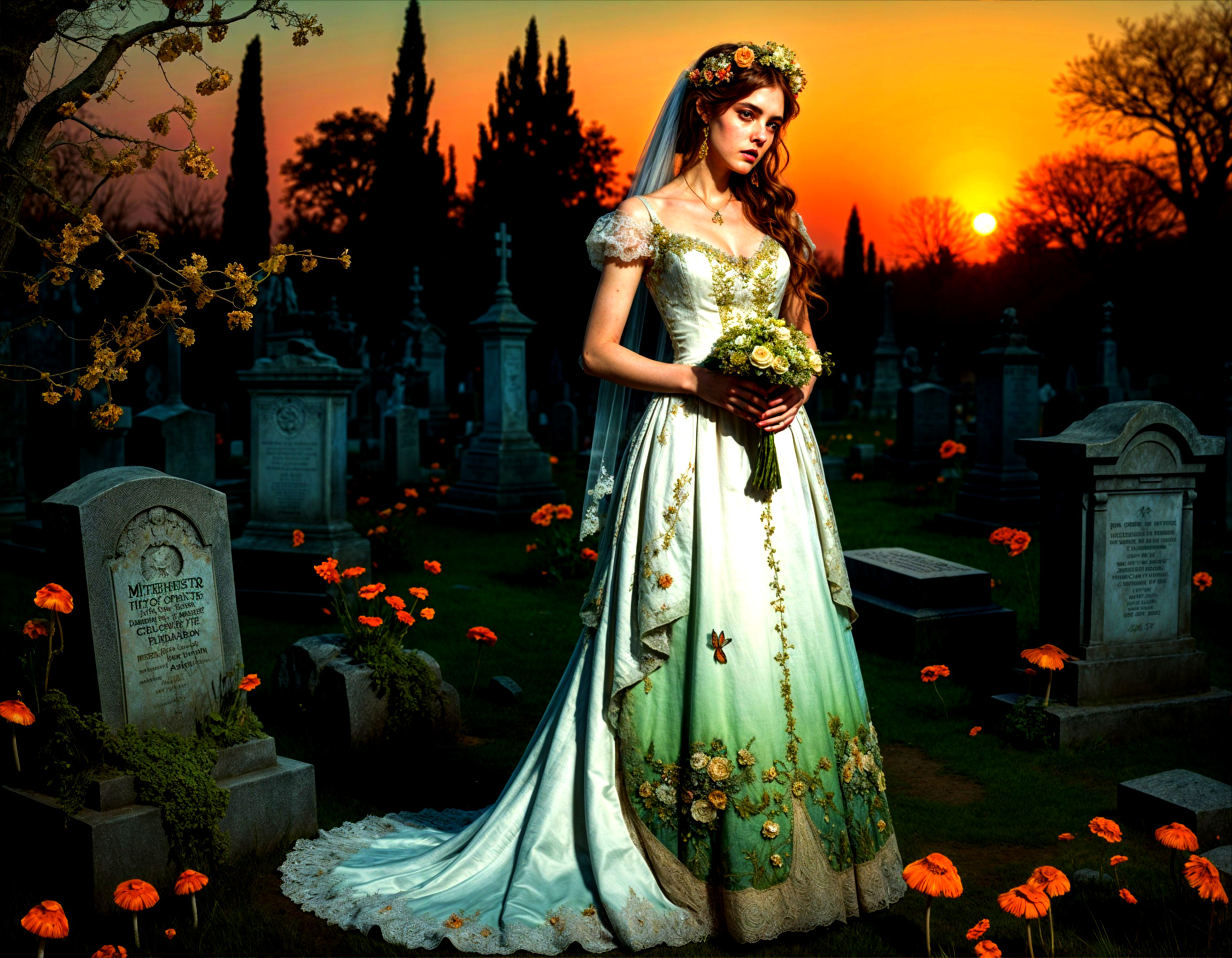 Cemetery Sunset with Young Woman in Floral Gown